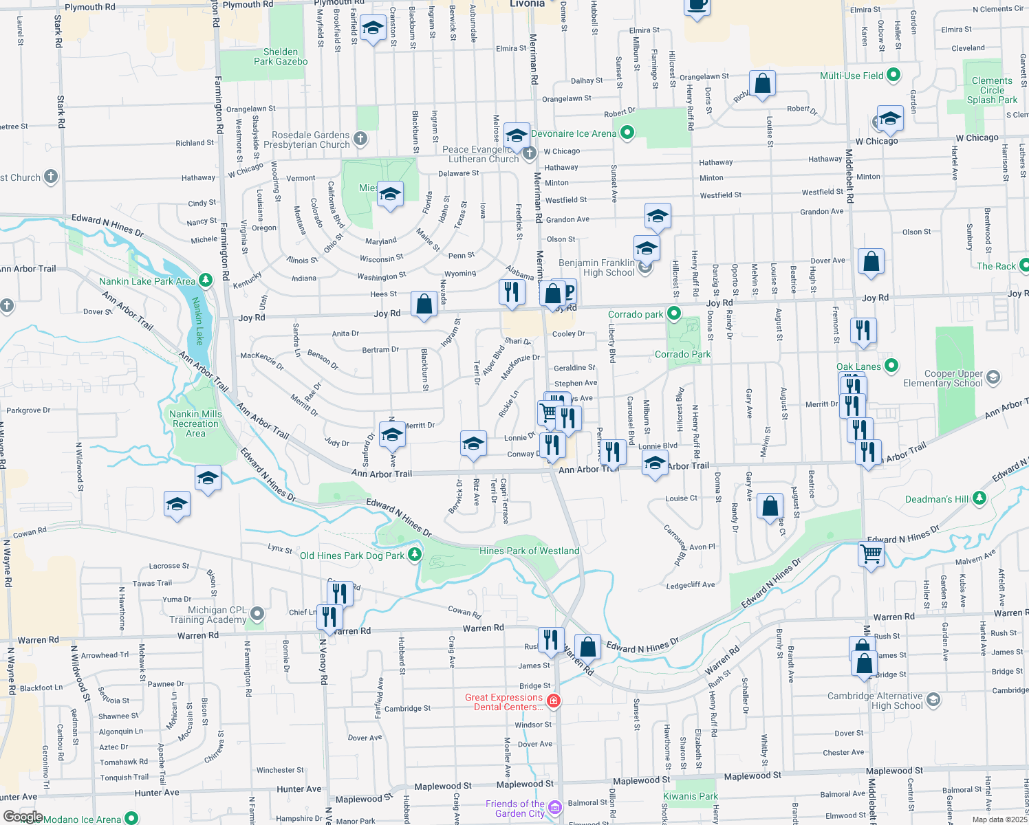 map of restaurants, bars, coffee shops, grocery stores, and more near 8305 Roselawn Street in Westland