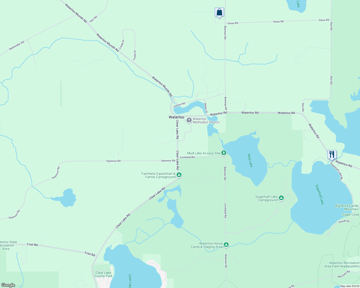 map of restaurants, bars, coffee shops, grocery stores, and more near 8307 Washington St in Grass Lake Charter Township