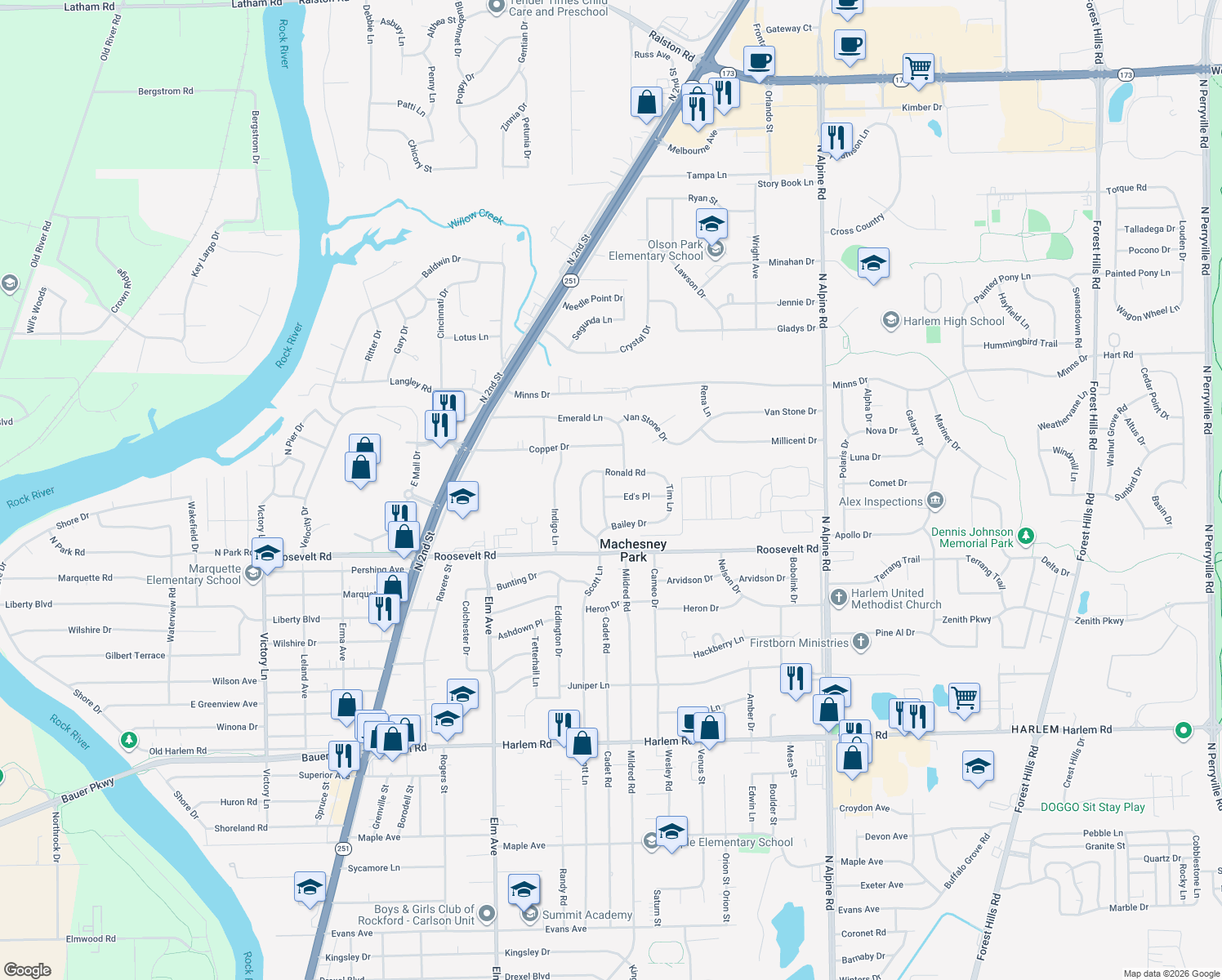 map of restaurants, bars, coffee shops, grocery stores, and more near 1204 Ed's Place in Machesney Park