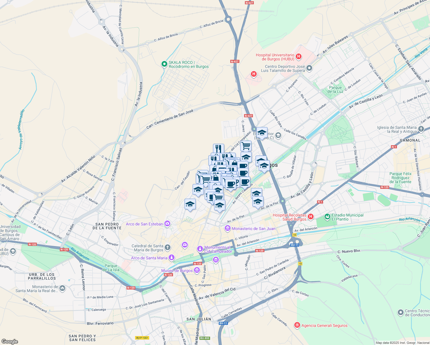map of restaurants, bars, coffee shops, grocery stores, and more near 14 Calle Abad Maluenda in Burgos