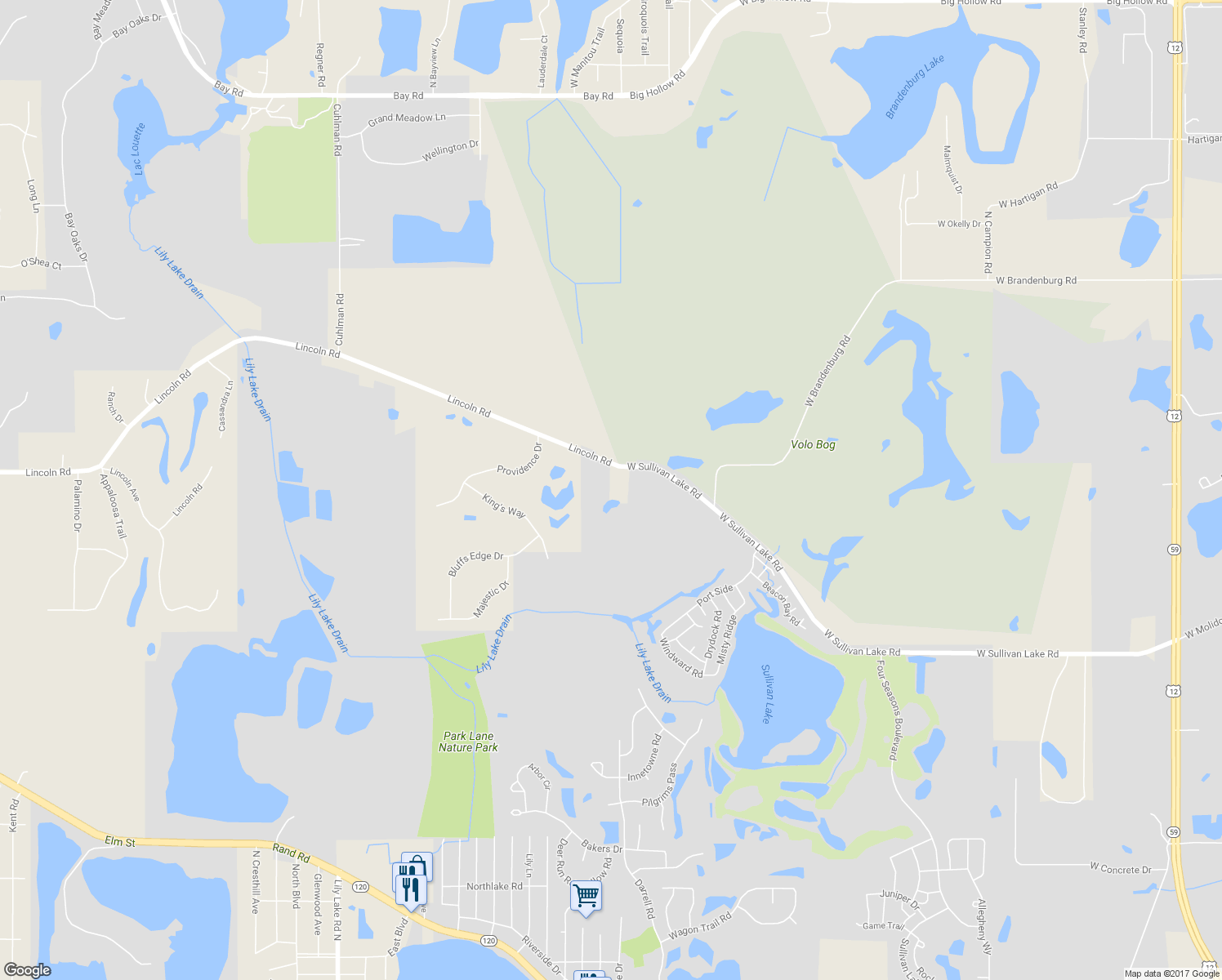 map of restaurants, bars, coffee shops, grocery stores, and more near 103 West Lincoln Road in McHenry