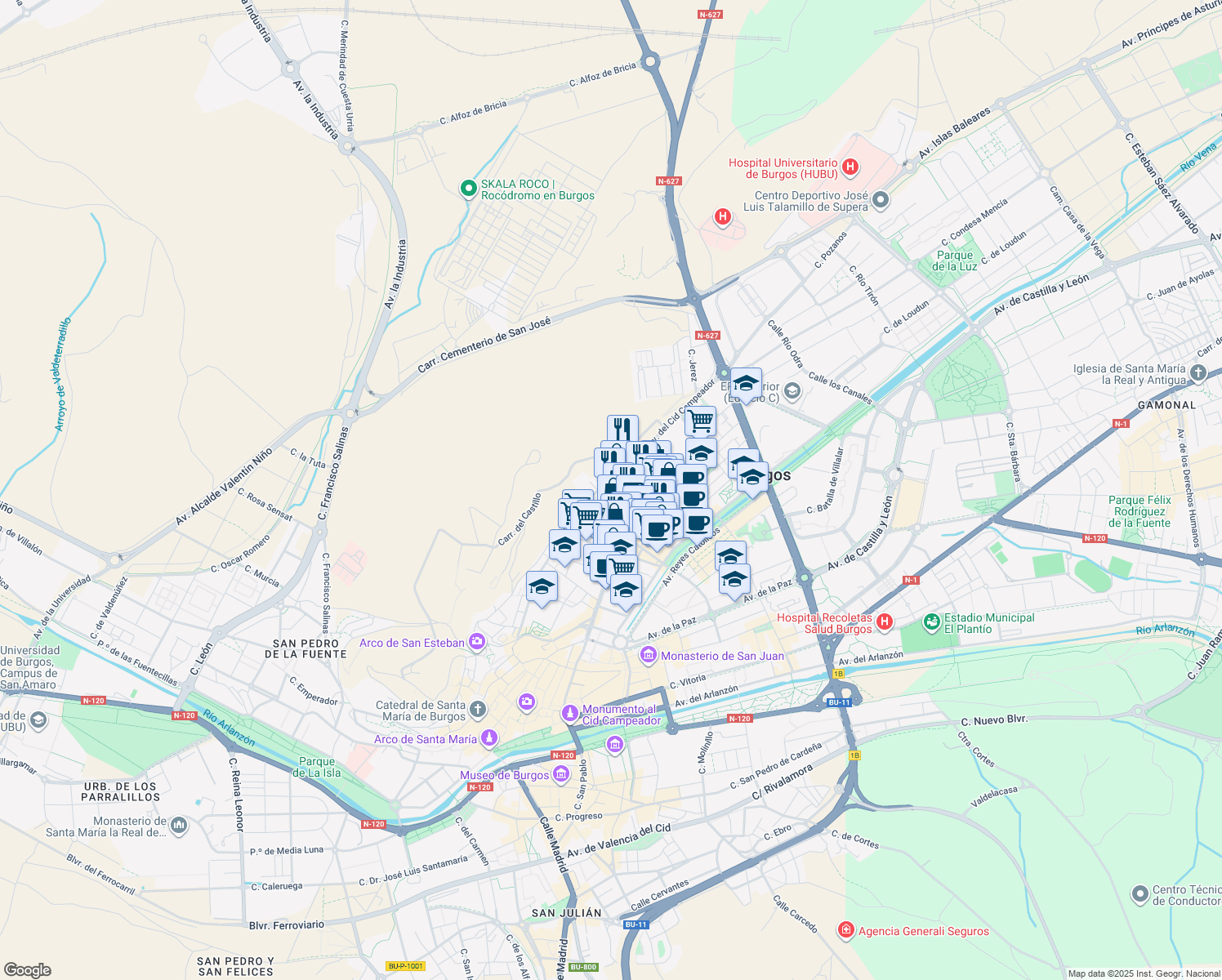 map of restaurants, bars, coffee shops, grocery stores, and more near 14 Calle Abad Maluenda in Burgos