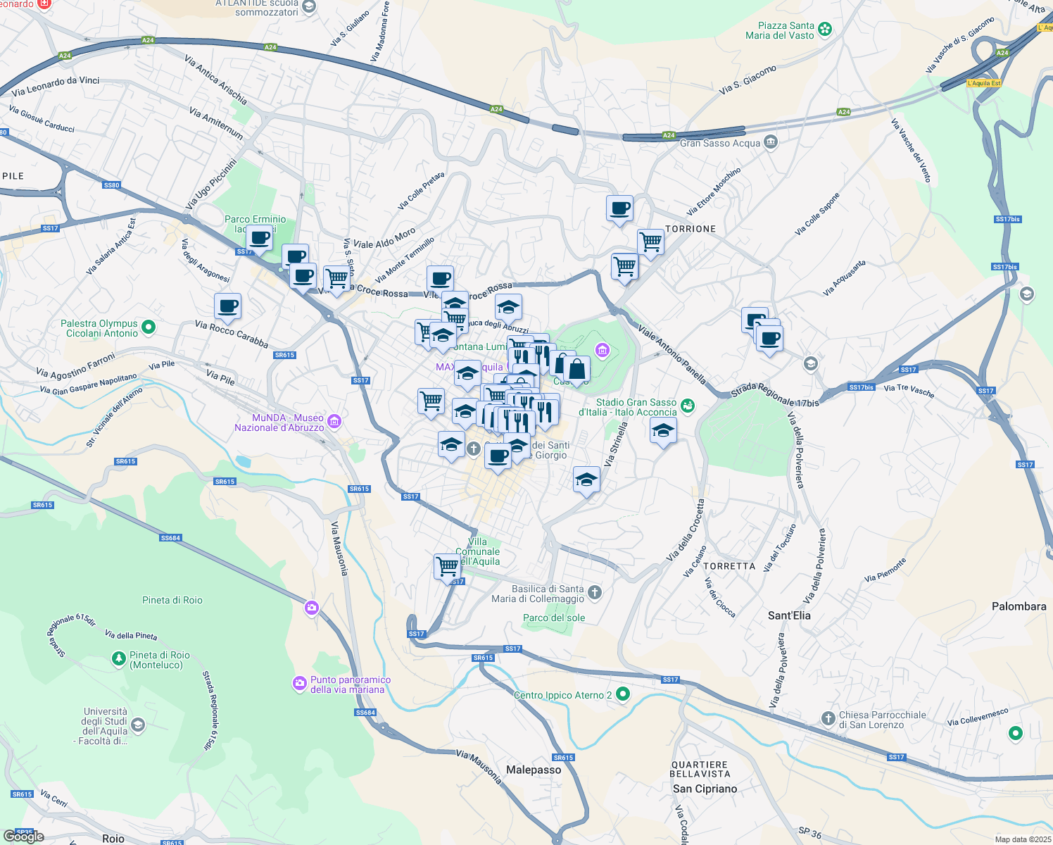 map of restaurants, bars, coffee shops, grocery stores, and more near Via Tempera in L'Aquila