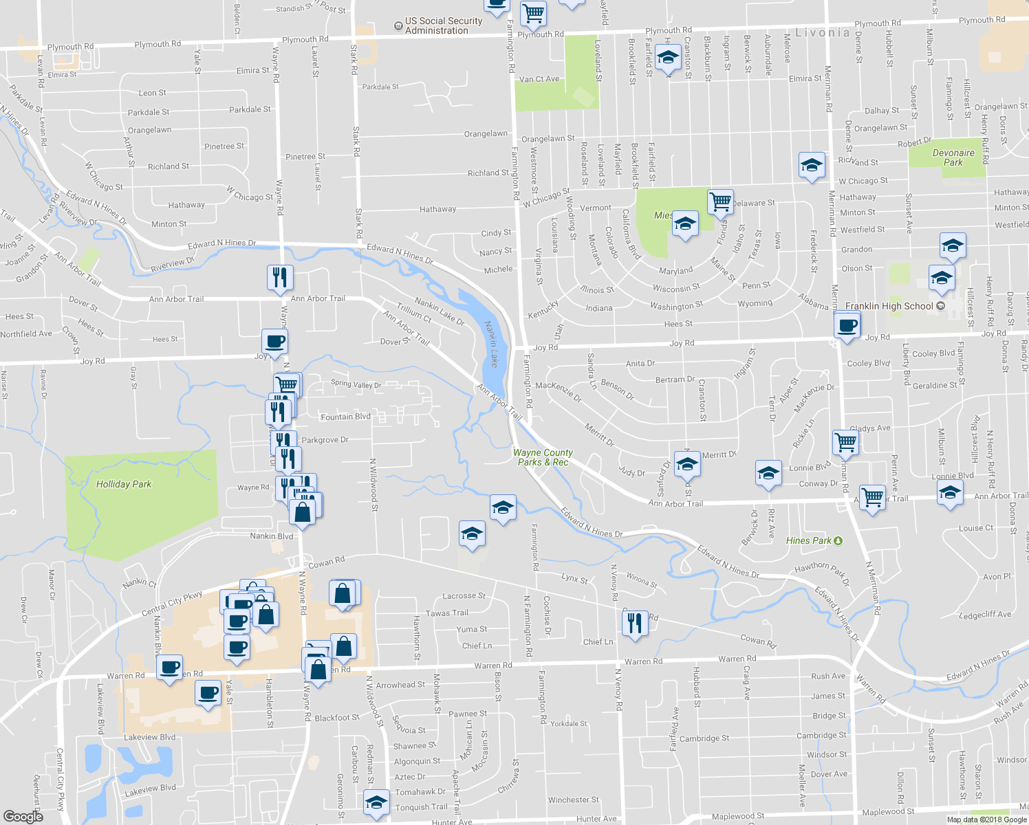 map of restaurants, bars, coffee shops, grocery stores, and more near 33344 Ann Arbor Trail in Westland