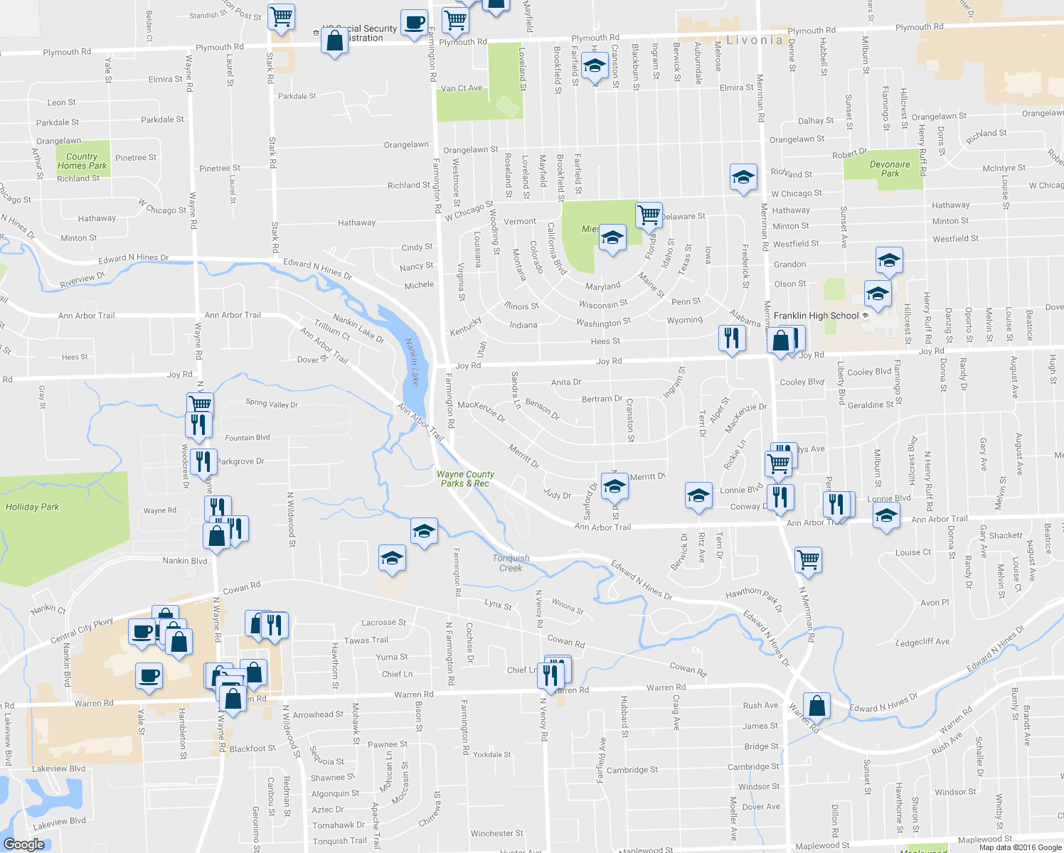 map of restaurants, bars, coffee shops, grocery stores, and more near 32735 Sandra Lane in Westland