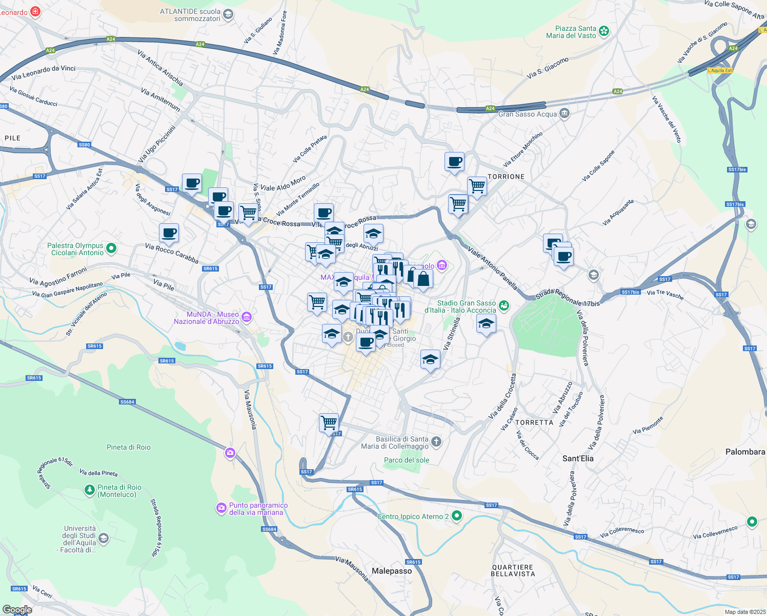 map of restaurants, bars, coffee shops, grocery stores, and more near Via Tempera in L'Aquila