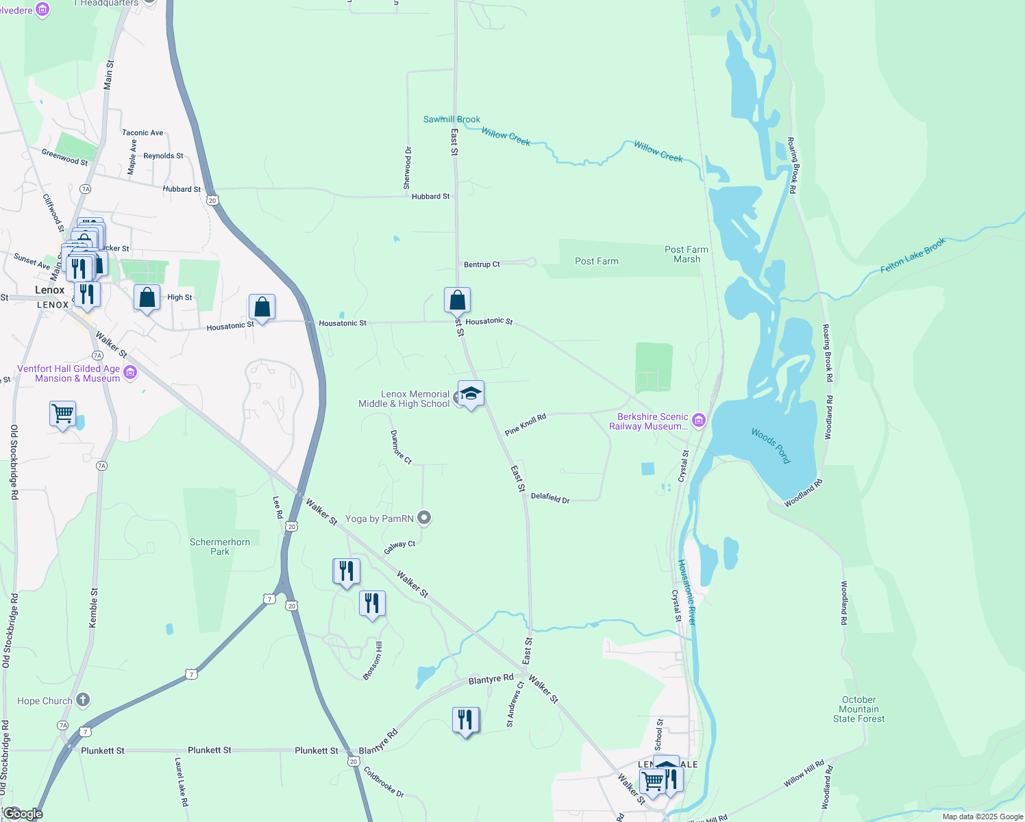 map of restaurants, bars, coffee shops, grocery stores, and more near 11 Pine Knoll Road in Lenox