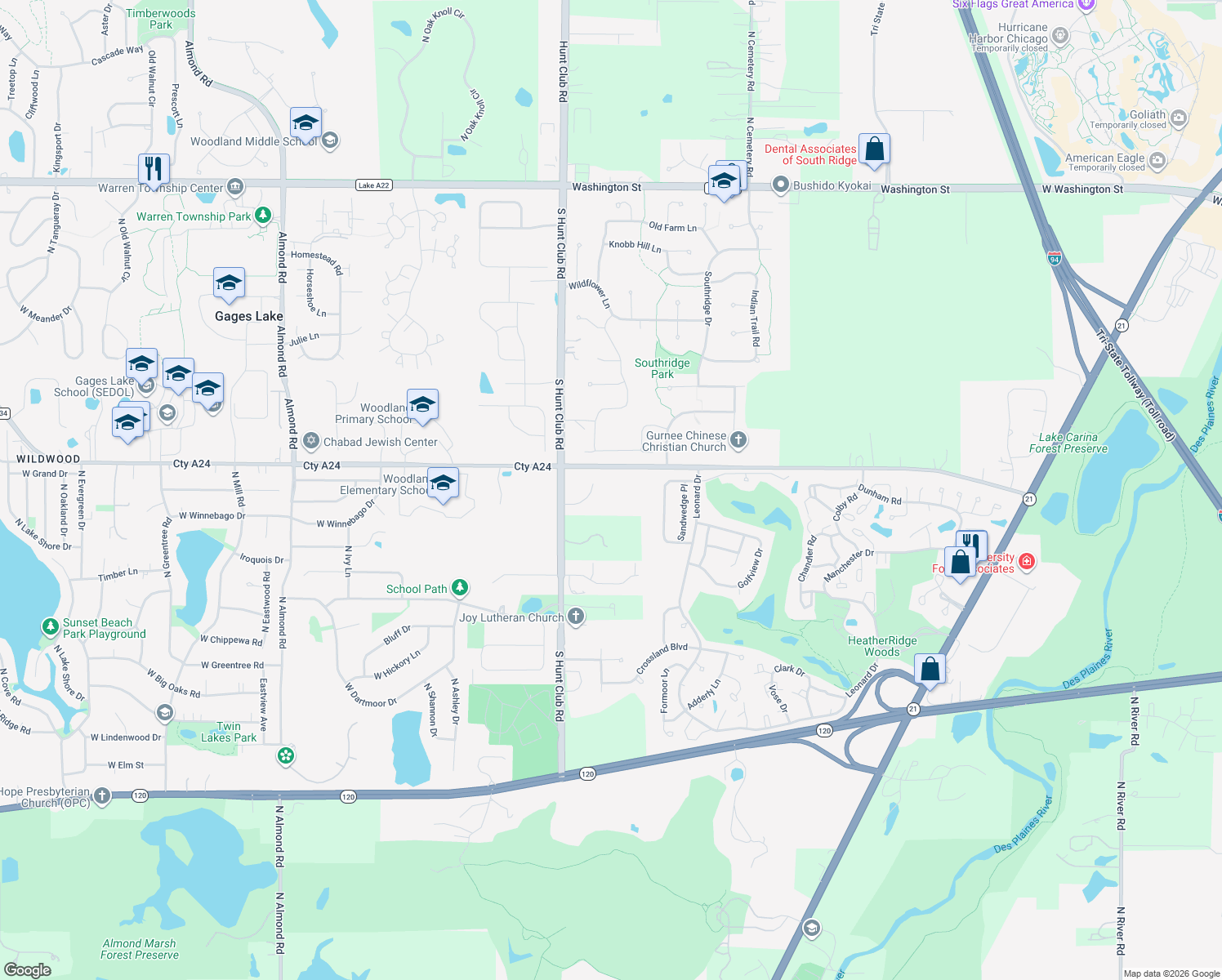 map of restaurants, bars, coffee shops, grocery stores, and more near 6401 Gages Lake Road in Gurnee