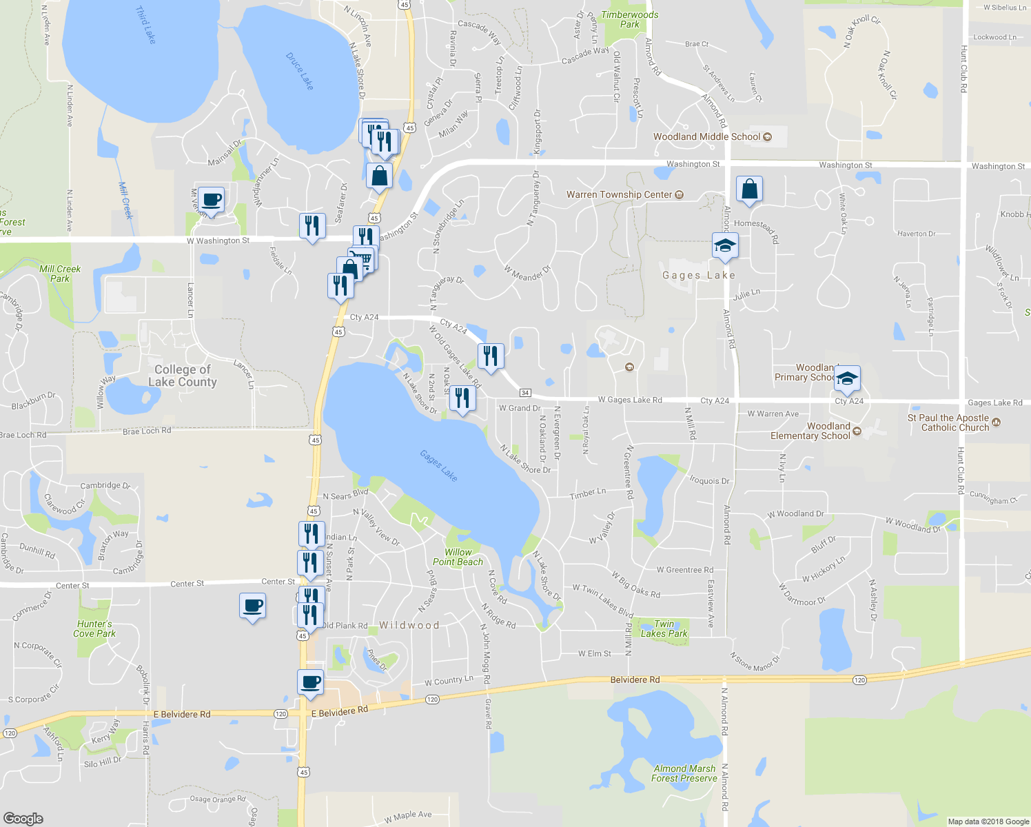 map of restaurants, bars, coffee shops, grocery stores, and more near 33707 North Forest Drive in Grayslake
