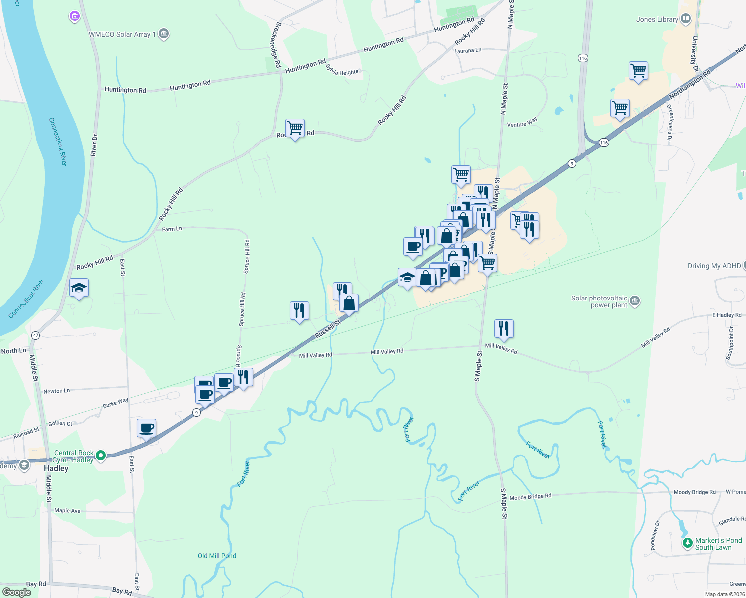 map of restaurants, bars, coffee shops, grocery stores, and more near 299 Russell Street in Hadley