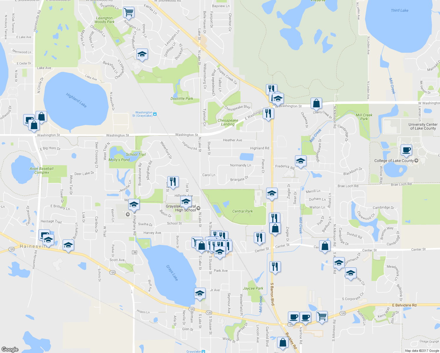 map of restaurants, bars, coffee shops, grocery stores, and more near 543 Oakwood Drive in Grayslake