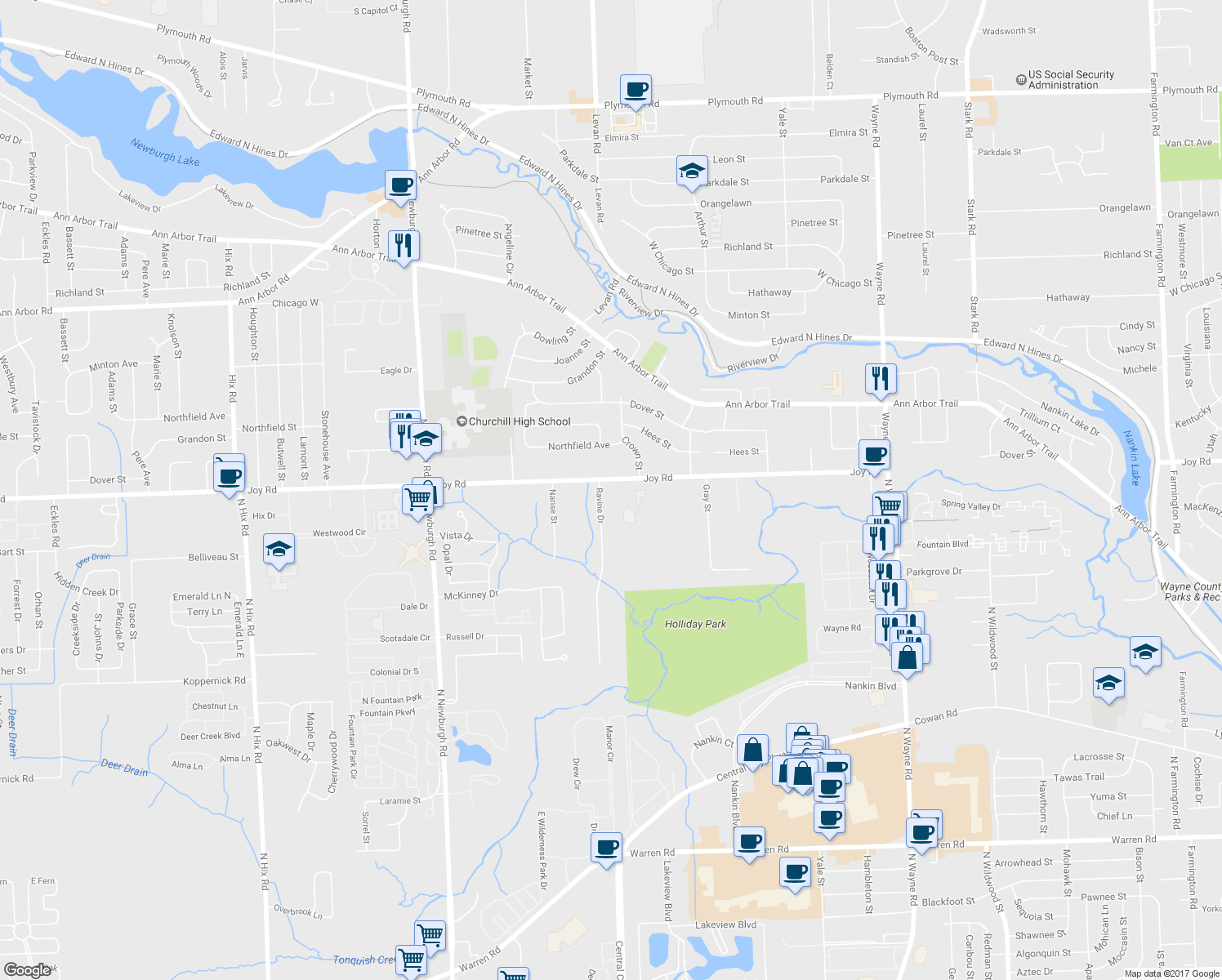 map of restaurants, bars, coffee shops, grocery stores, and more near 36417 Joy Road in Westland