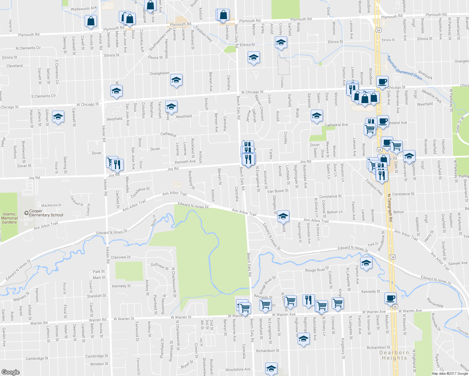 map of restaurants, bars, coffee shops, grocery stores, and more near 8527 Centralia Street in Dearborn Heights