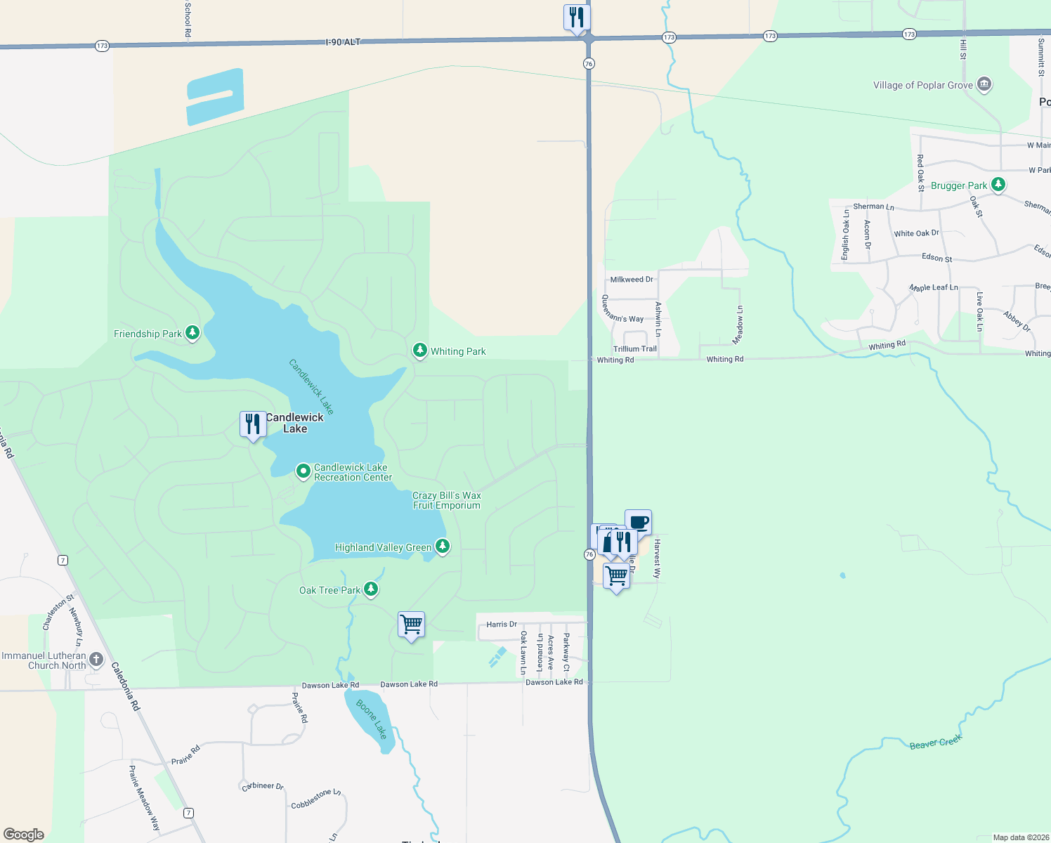 map of restaurants, bars, coffee shops, grocery stores, and more near 116 Queens Pl SE in Poplar Grove