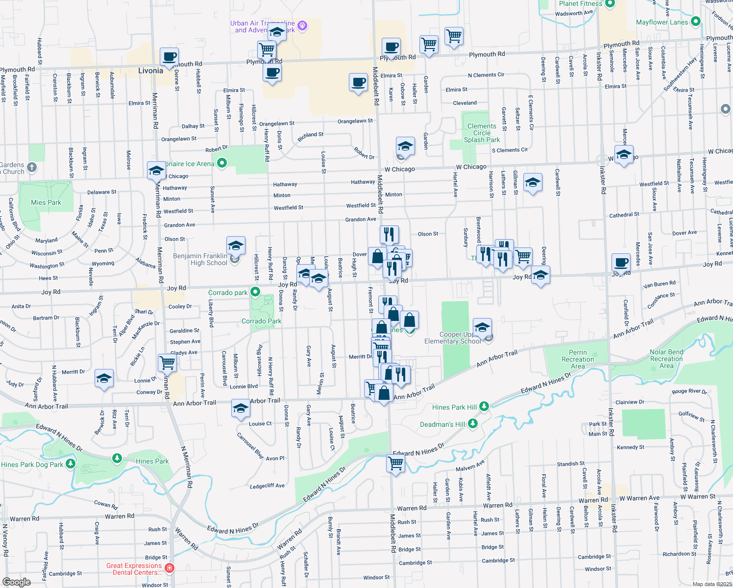 map of restaurants, bars, coffee shops, grocery stores, and more near 8711 Fremont Street in Westland