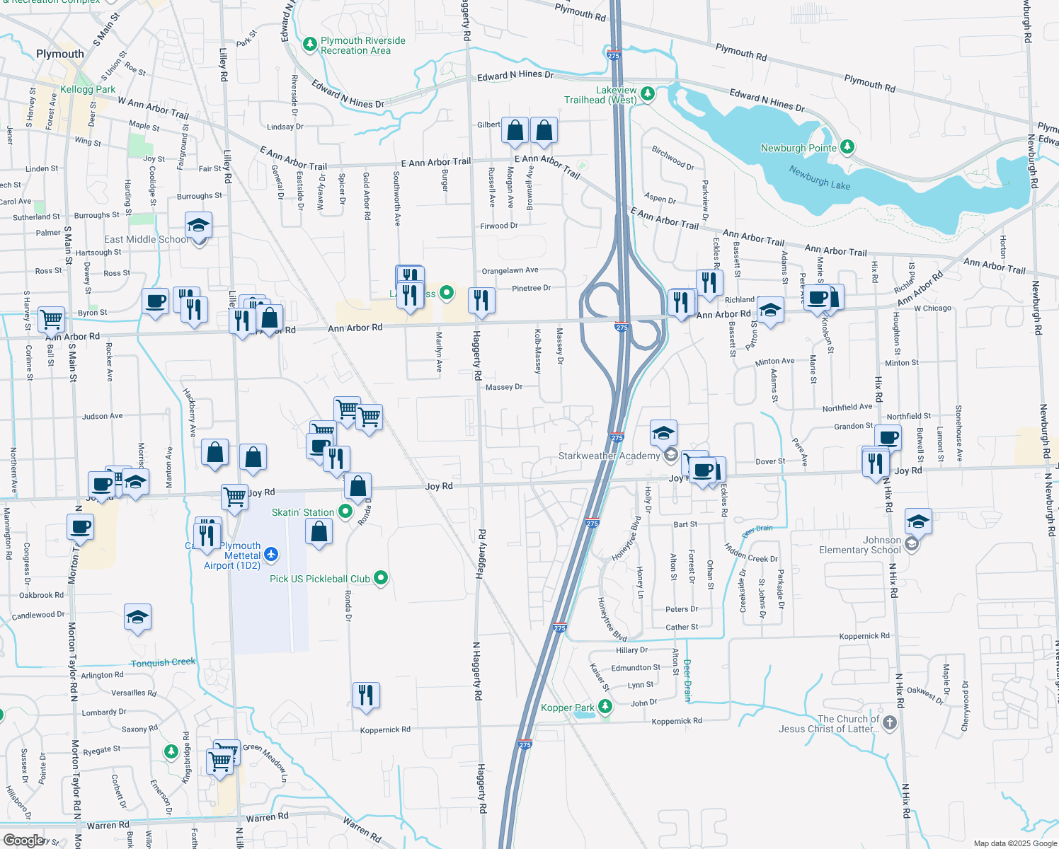 map of restaurants, bars, coffee shops, grocery stores, and more near 40678 Newport Drive in Plymouth