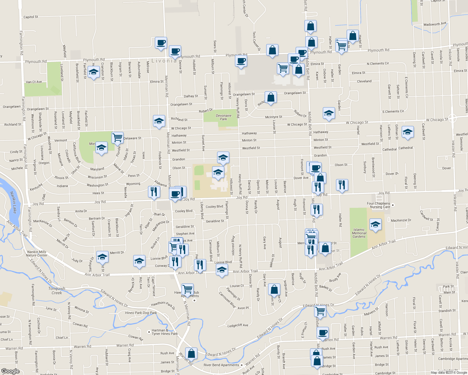map of restaurants, bars, coffee shops, grocery stores, and more near 8880 Hillcrest Street in Livonia