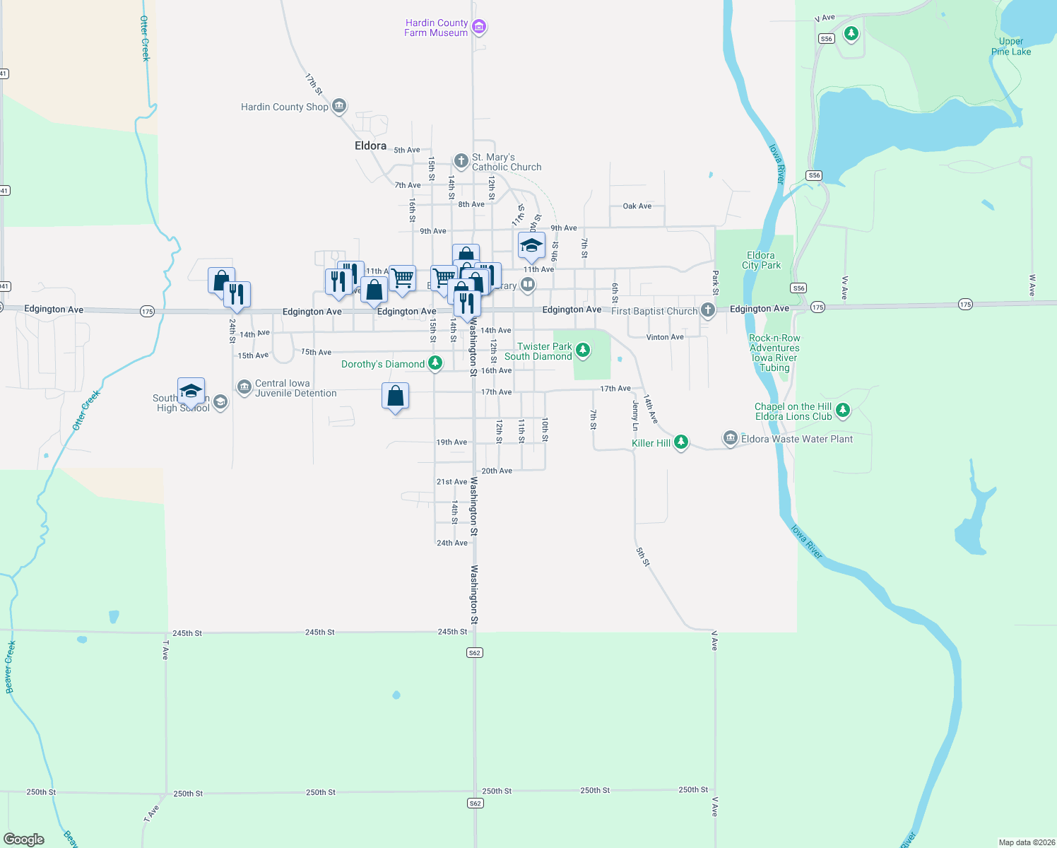 map of restaurants, bars, coffee shops, grocery stores, and more near 1805 11th St in Eldora