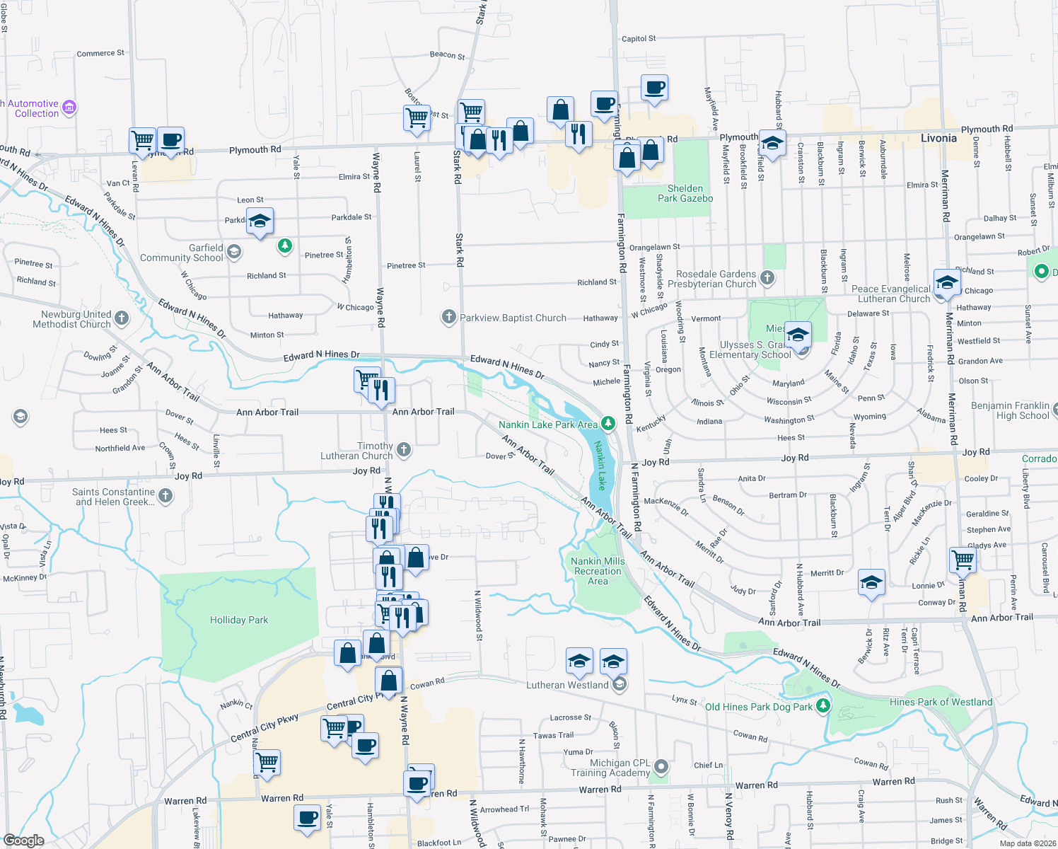 map of restaurants, bars, coffee shops, grocery stores, and more near 33908 Trillium Court in Livonia