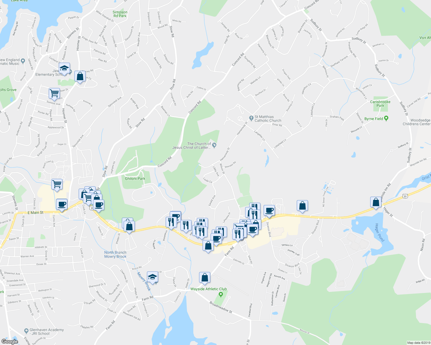 map of restaurants, bars, coffee shops, grocery stores, and more near 35 Libby Avenue in Marlborough