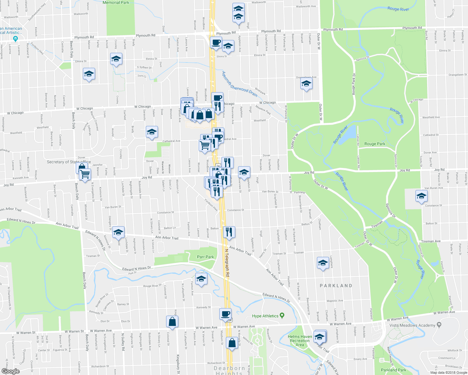map of restaurants, bars, coffee shops, grocery stores, and more near 8632 Dale Street in Dearborn Heights