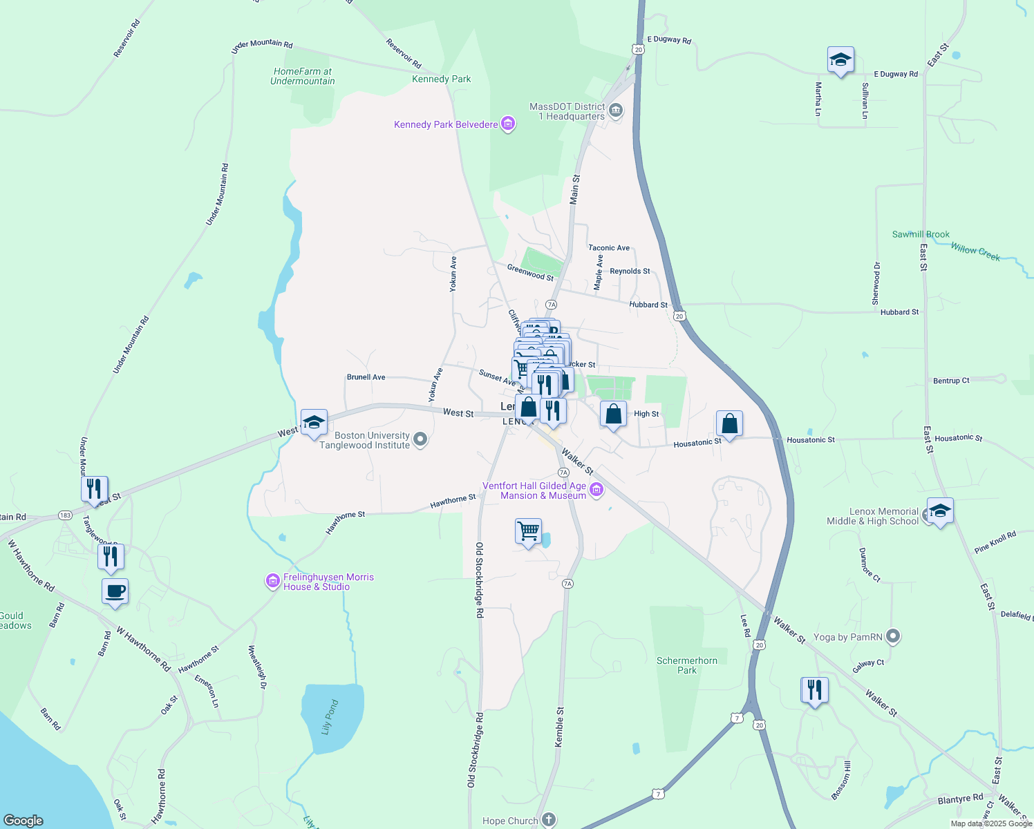 map of restaurants, bars, coffee shops, grocery stores, and more near 8 Walker Street in Lenox
