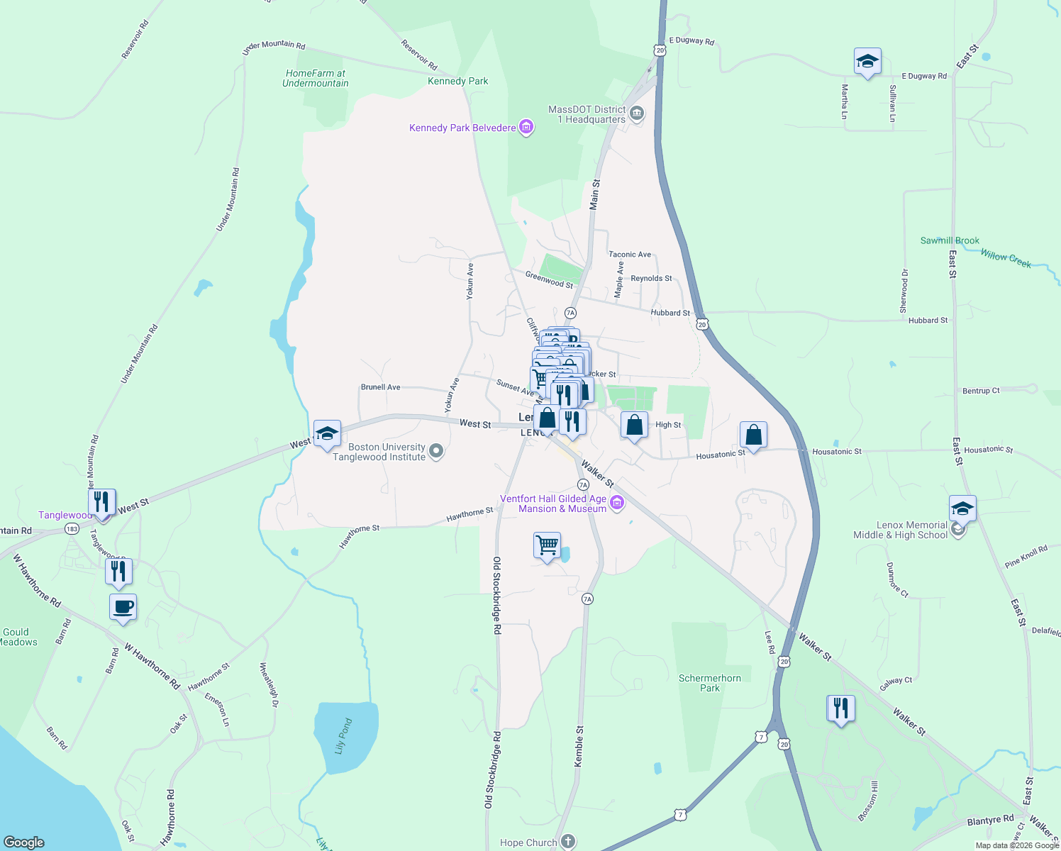 map of restaurants, bars, coffee shops, grocery stores, and more near 12 Main Street in Lenox