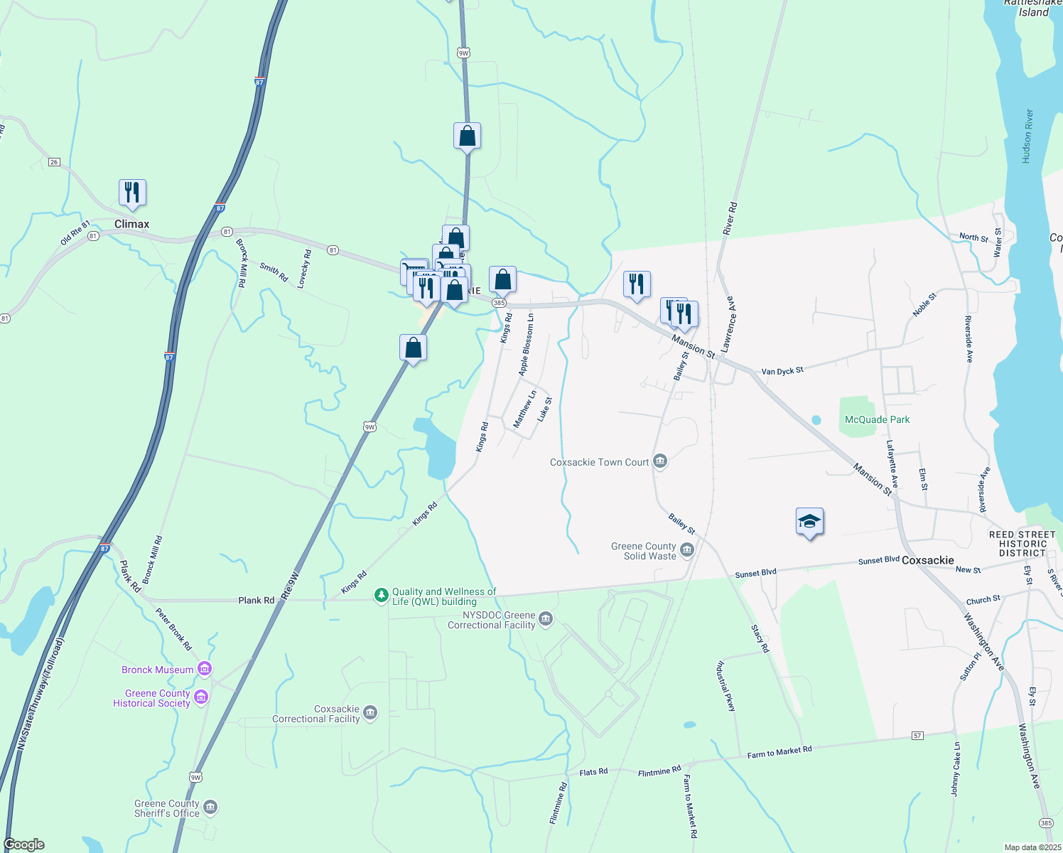 map of restaurants, bars, coffee shops, grocery stores, and more near 4 Luke St in Coxsackie