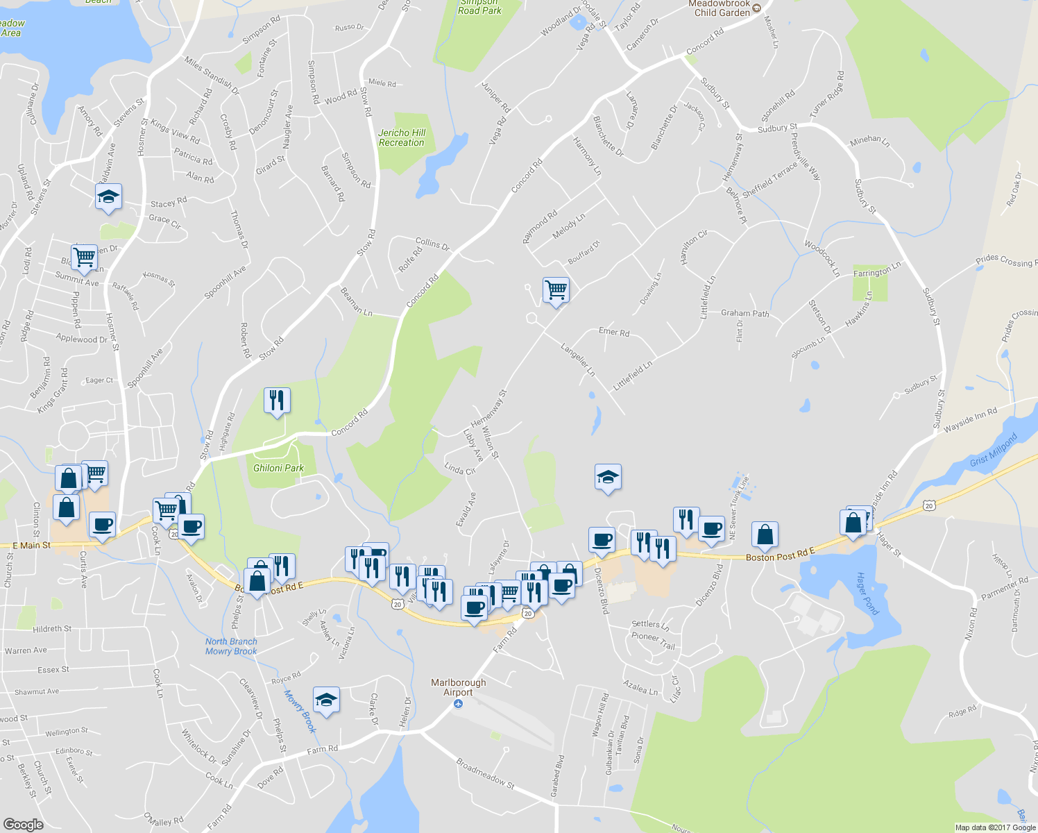 map of restaurants, bars, coffee shops, grocery stores, and more near 48 Sheridan Road in Marlborough