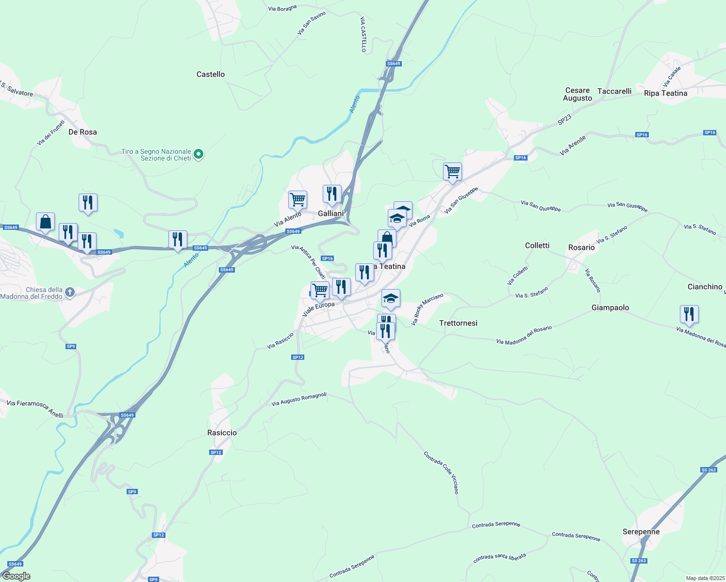 map of restaurants, bars, coffee shops, grocery stores, and more near 145 Via Nicola Marcone in Ripa Teatina