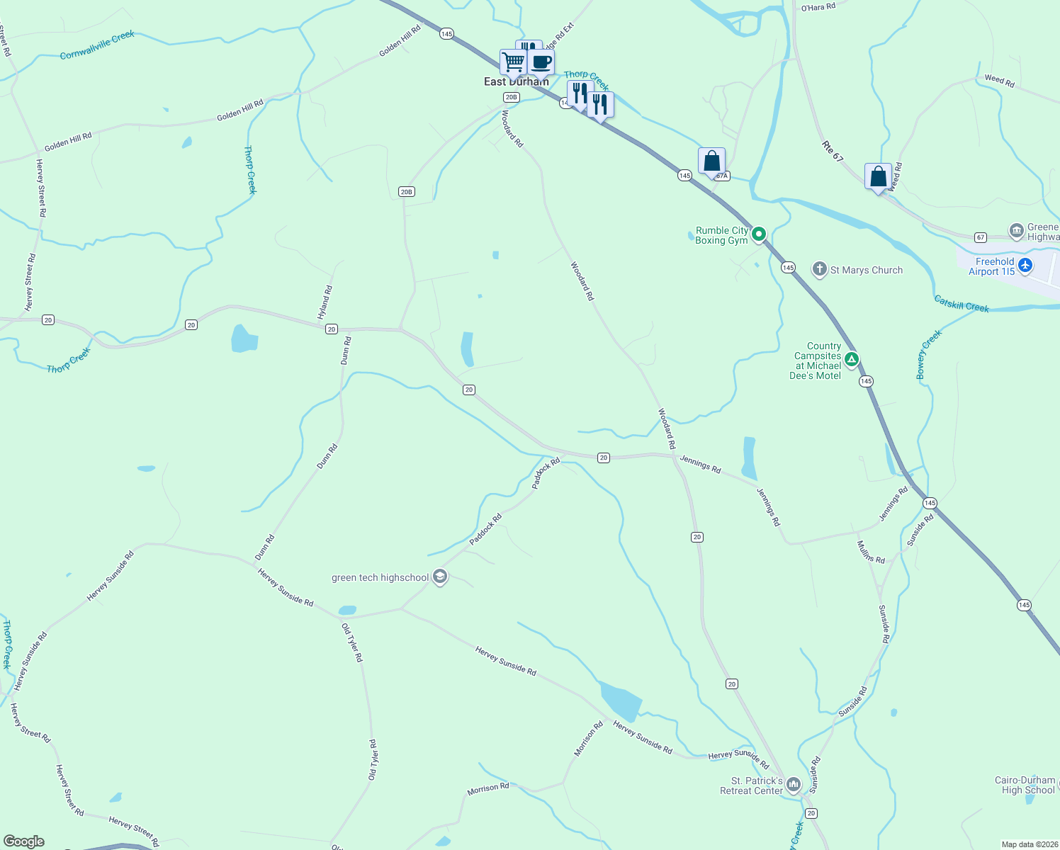 map of restaurants, bars, coffee shops, grocery stores, and more near County Road 20 in East Durham