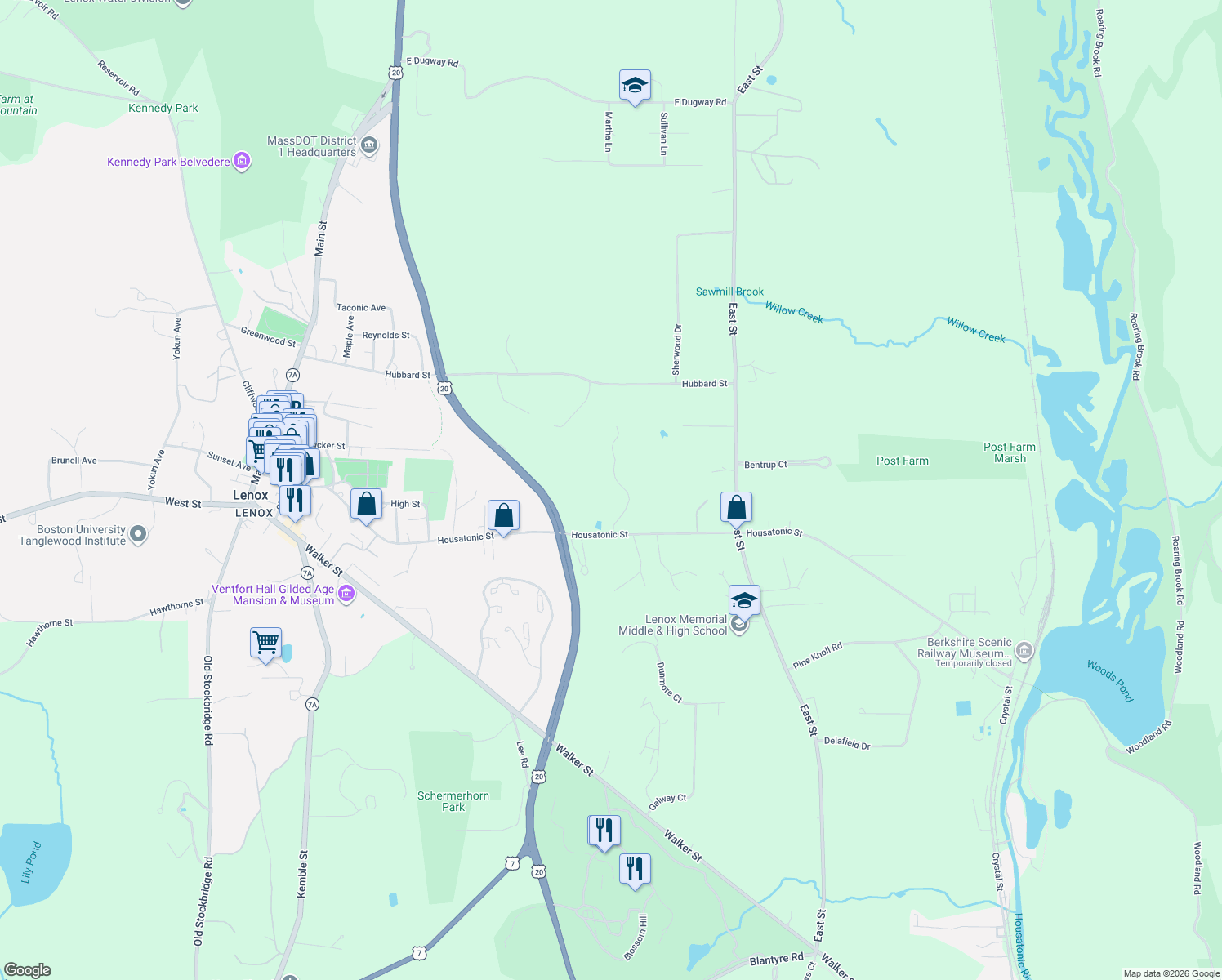 map of restaurants, bars, coffee shops, grocery stores, and more near 1 Stoneledge Rd in Lenox