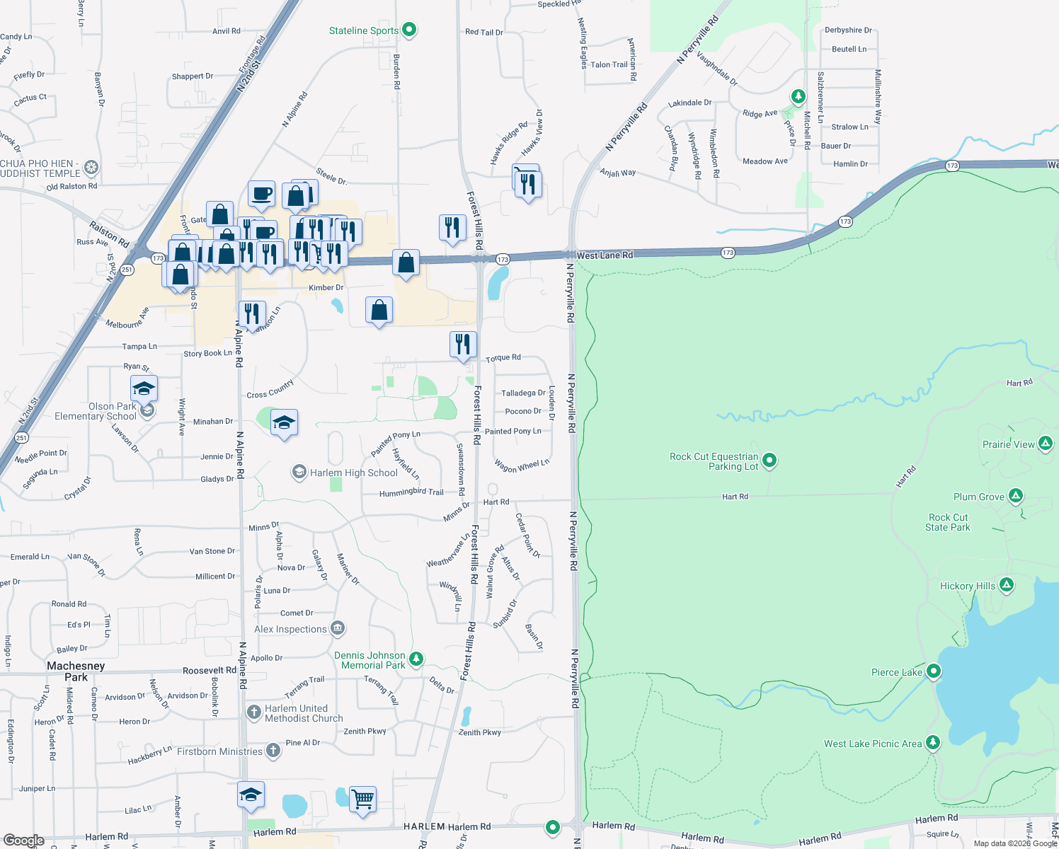 map of restaurants, bars, coffee shops, grocery stores, and more near 5370 Painted Pony Lane in Loves Park
