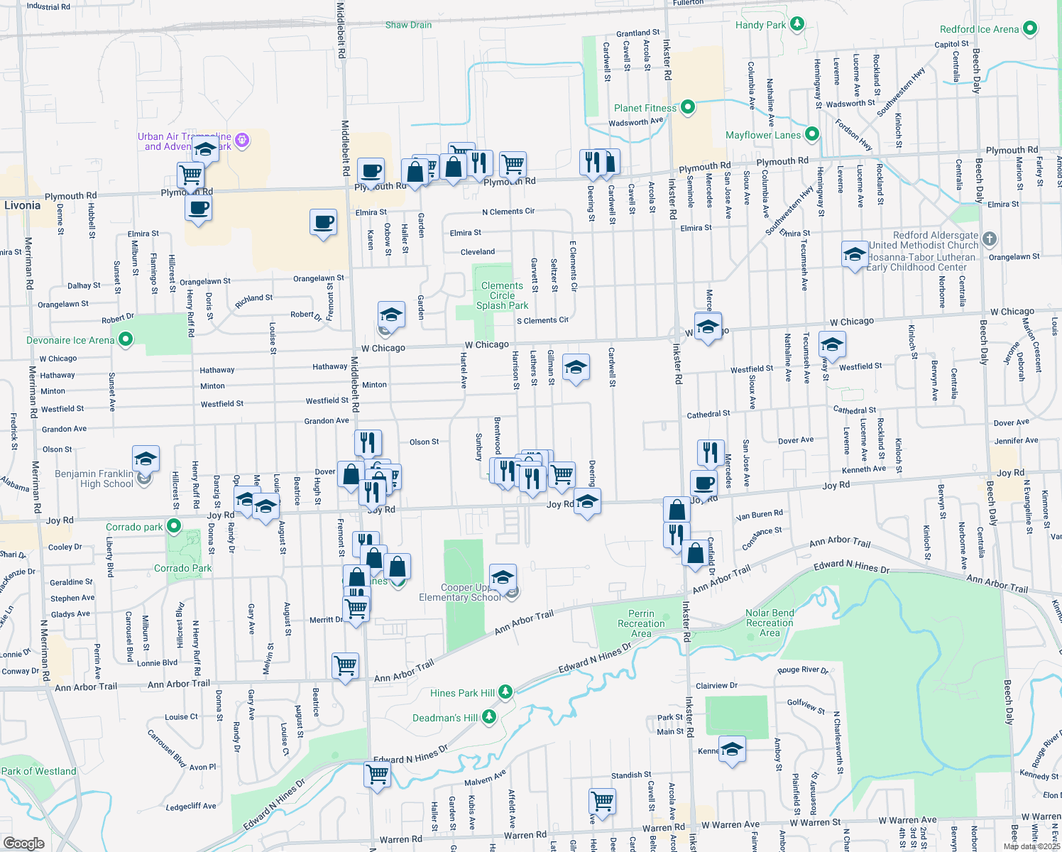 map of restaurants, bars, coffee shops, grocery stores, and more near 9165 Lathers Street in Livonia