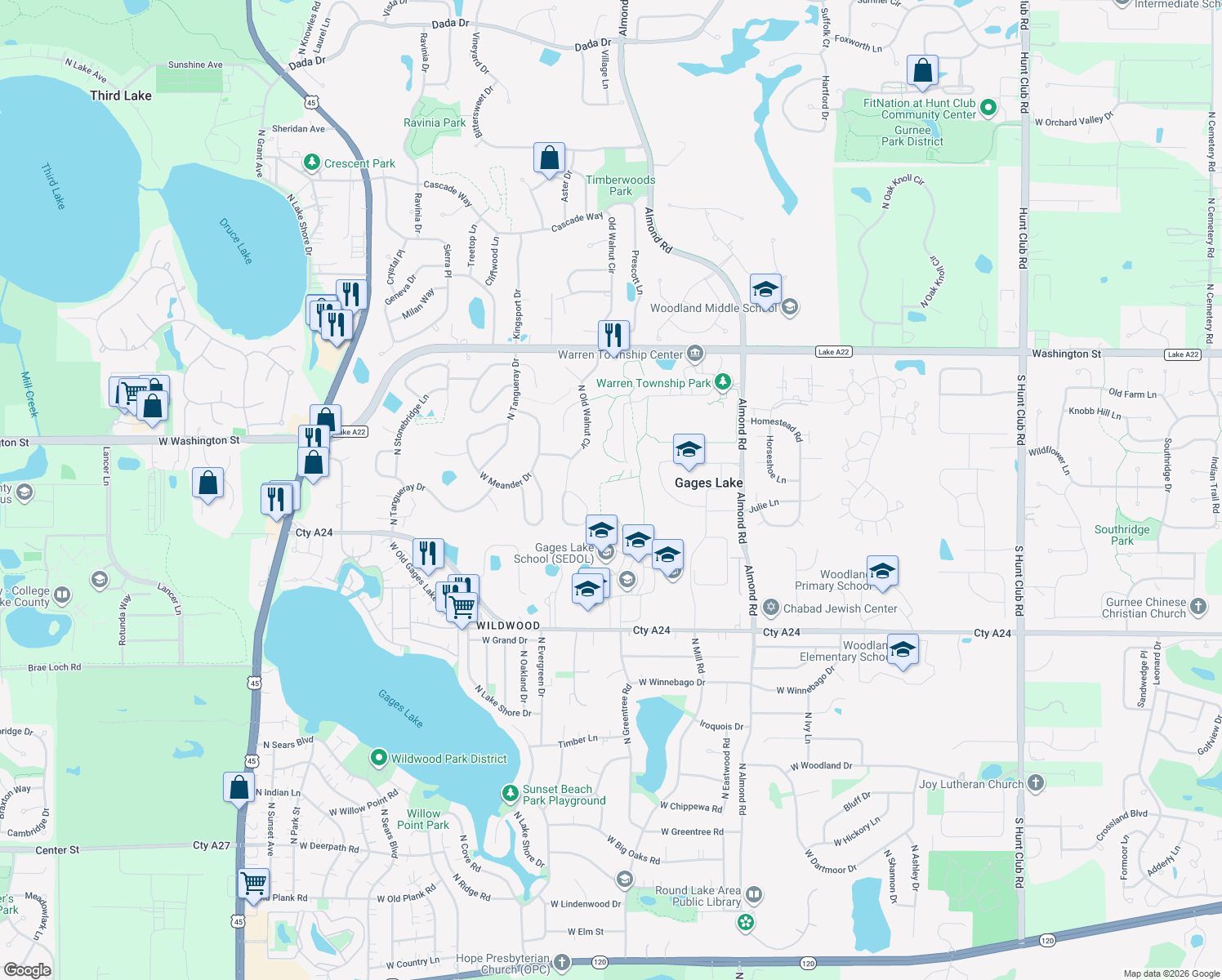 map of restaurants, bars, coffee shops, grocery stores, and more near 18099 West Washington Street in Gurnee