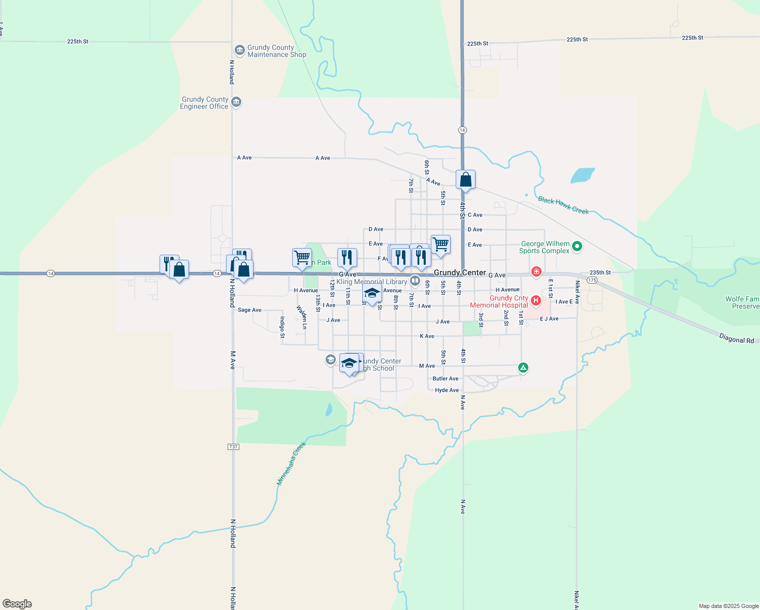 map of restaurants, bars, coffee shops, grocery stores, and more near 898 9th Street in Grundy Center