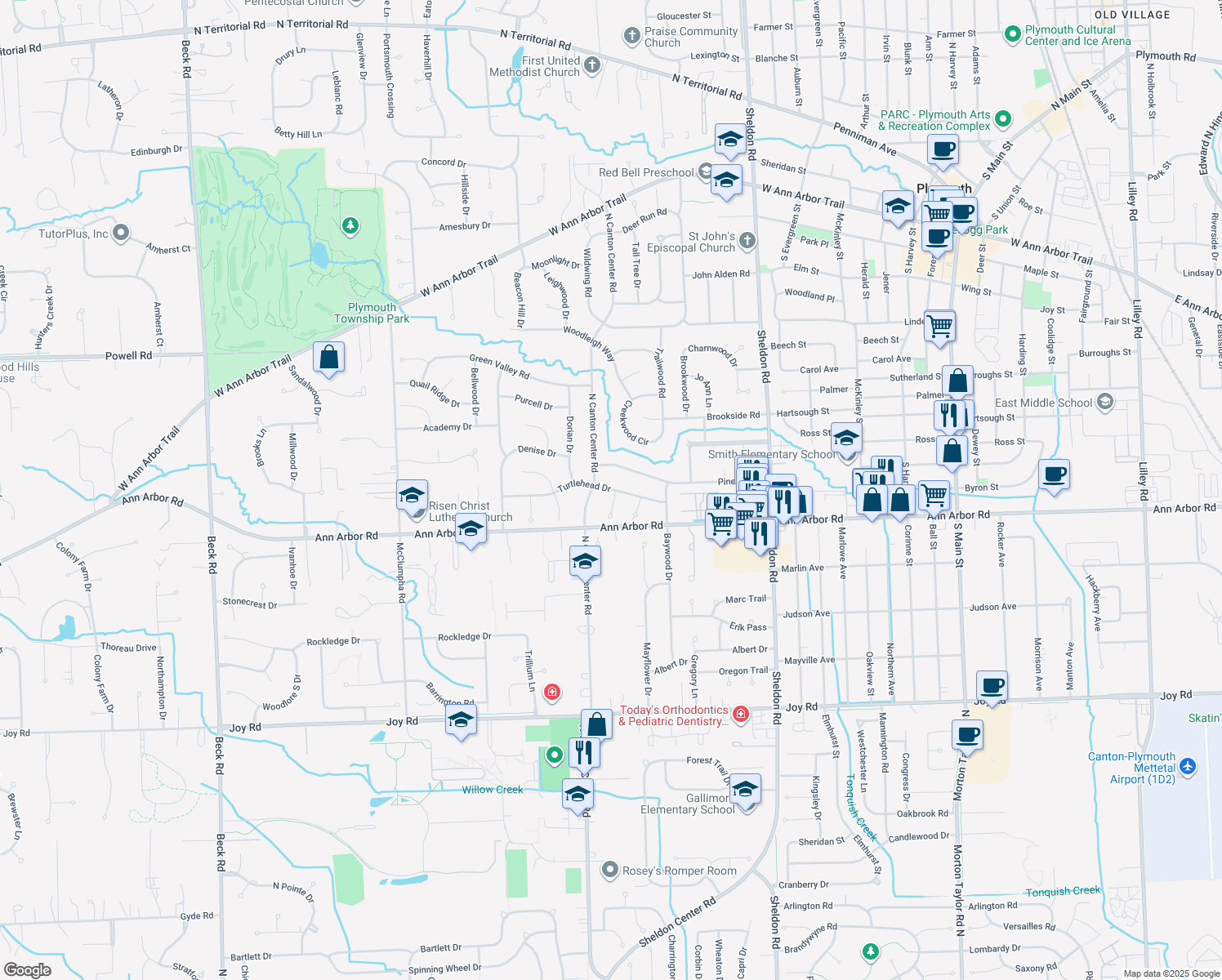 map of restaurants, bars, coffee shops, grocery stores, and more near 45183 Turtlehead Drive in Plymouth