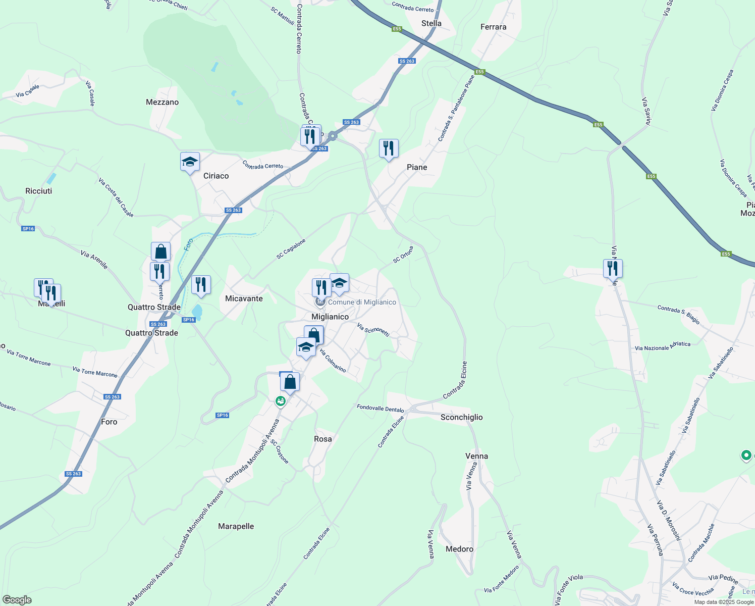 map of restaurants, bars, coffee shops, grocery stores, and more near 12 Via D. Alighieri in Miglianico