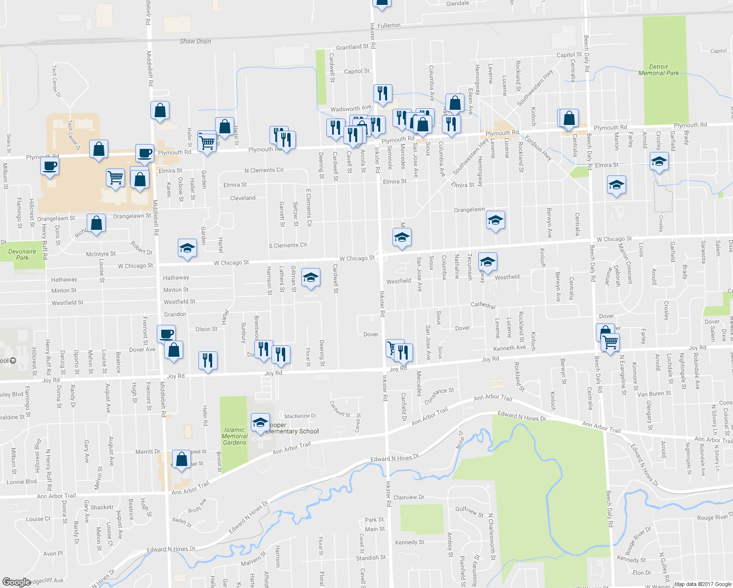 map of restaurants, bars, coffee shops, grocery stores, and more near 9175 Inkster Road in Livonia