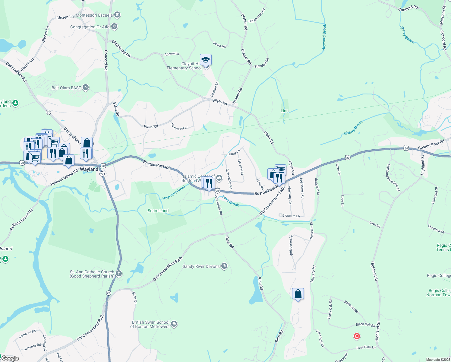 map of restaurants, bars, coffee shops, grocery stores, and more near 10 Rich Valley Road in Wayland