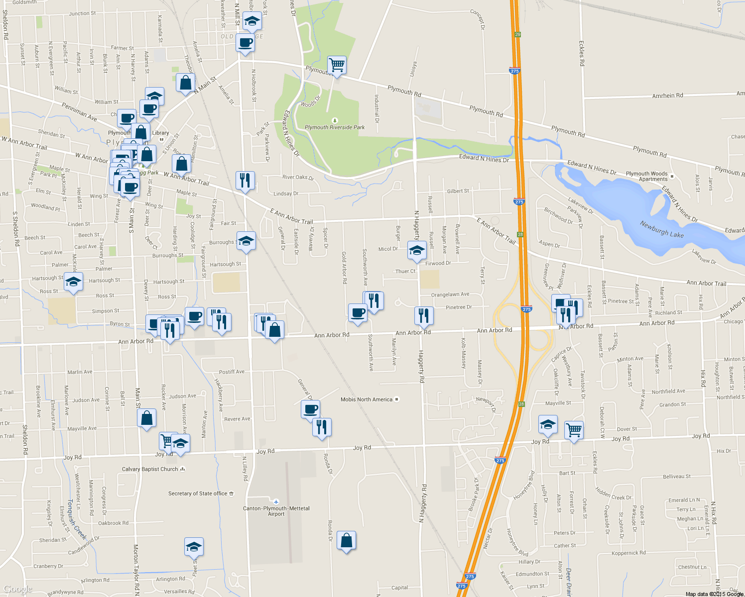map of restaurants, bars, coffee shops, grocery stores, and more near 9670 Southworth Avenue in Plymouth