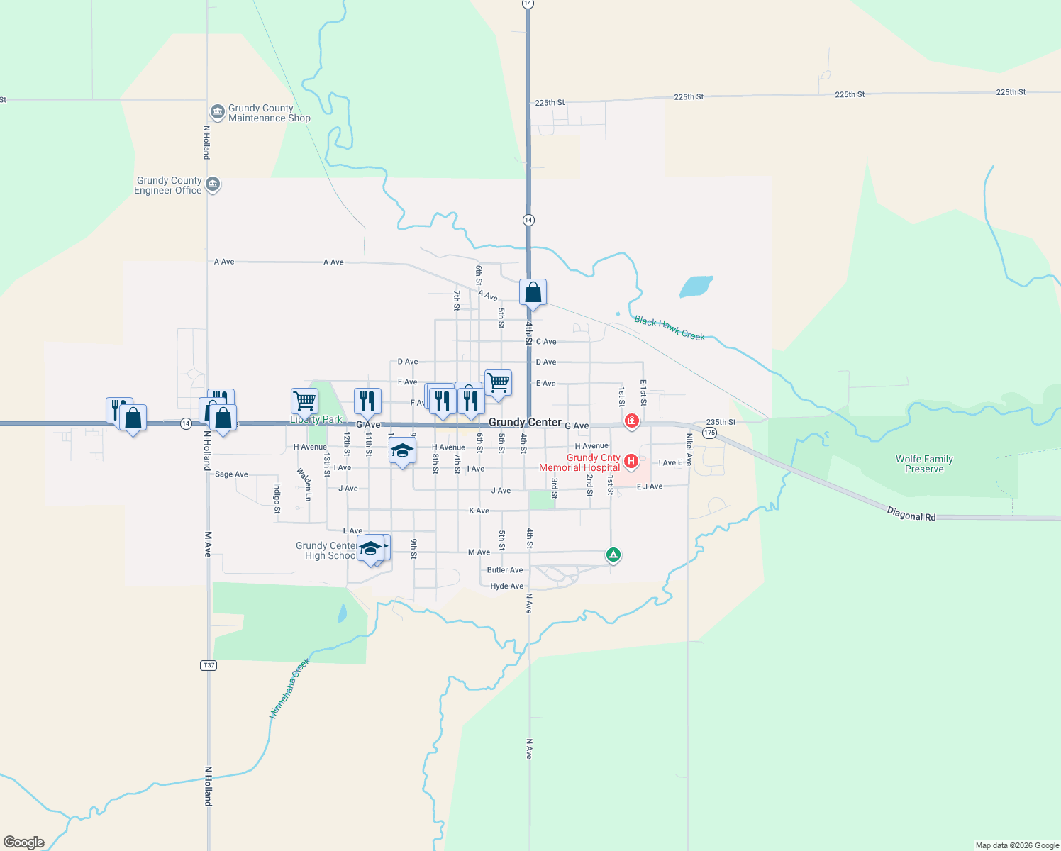 map of restaurants, bars, coffee shops, grocery stores, and more near 399 G Ave in Grundy Center