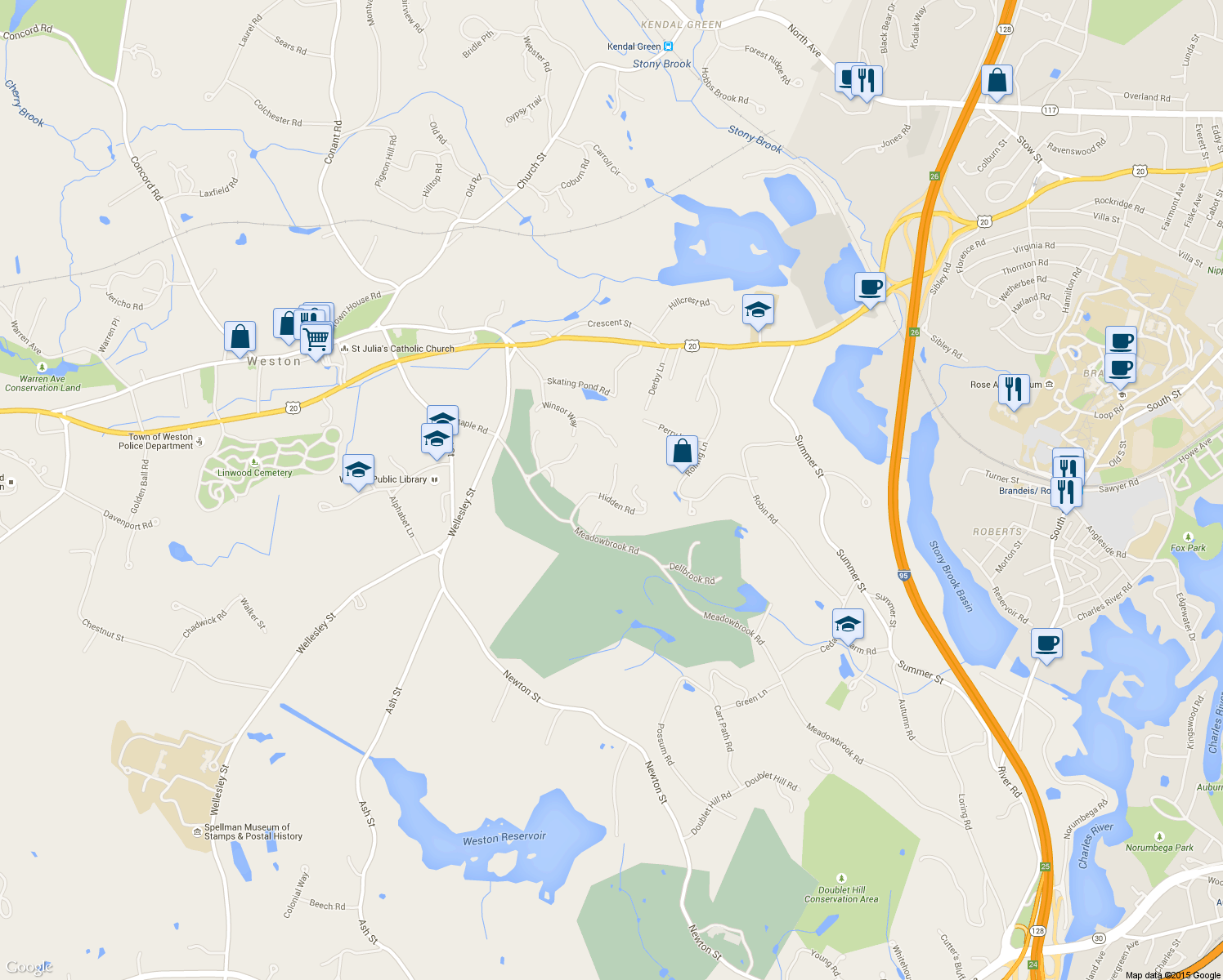 map of restaurants, bars, coffee shops, grocery stores, and more near 6 Dogwood Road in Weston