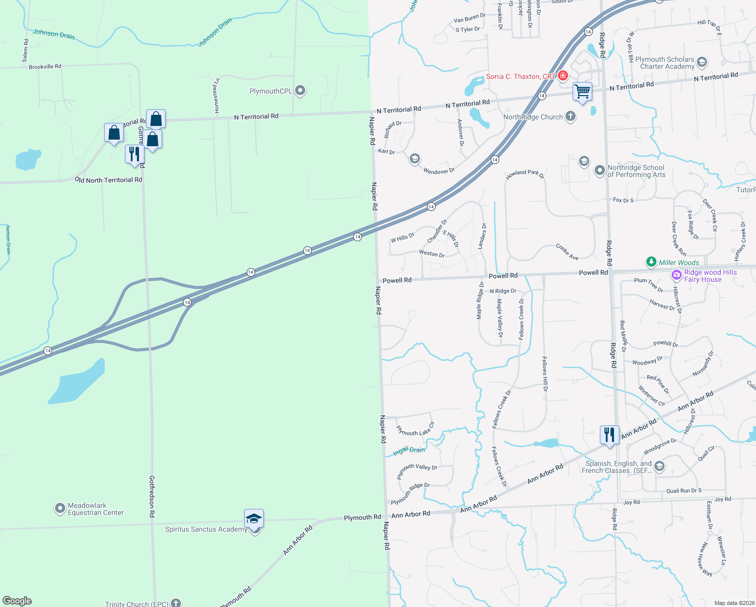 map of restaurants, bars, coffee shops, grocery stores, and more near 5583 Napier Road in Plymouth