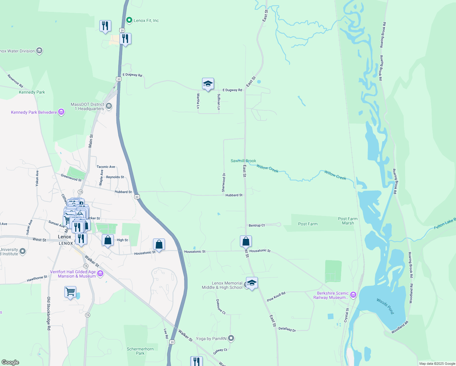 map of restaurants, bars, coffee shops, grocery stores, and more near 20 Sherwood Dr in Lenox