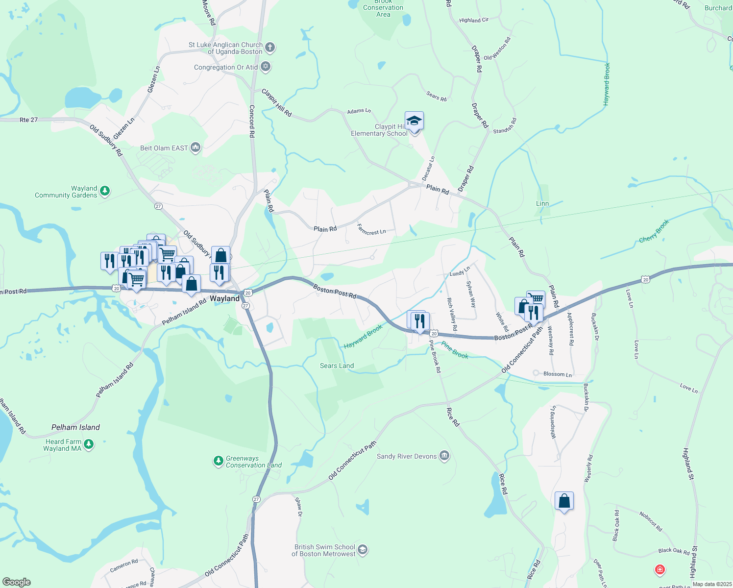 map of restaurants, bars, coffee shops, grocery stores, and more near 2 Springhill Road in Wayland