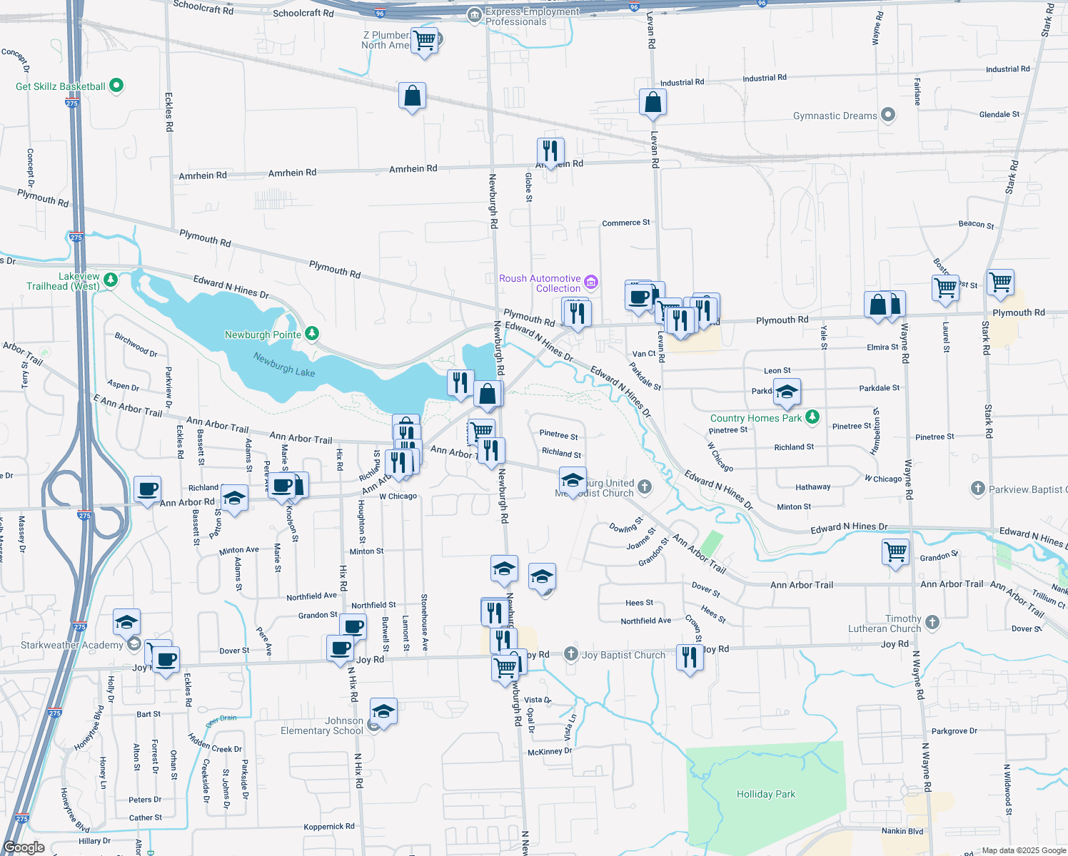 map of restaurants, bars, coffee shops, grocery stores, and more near 36811 Angeline Circle in Livonia