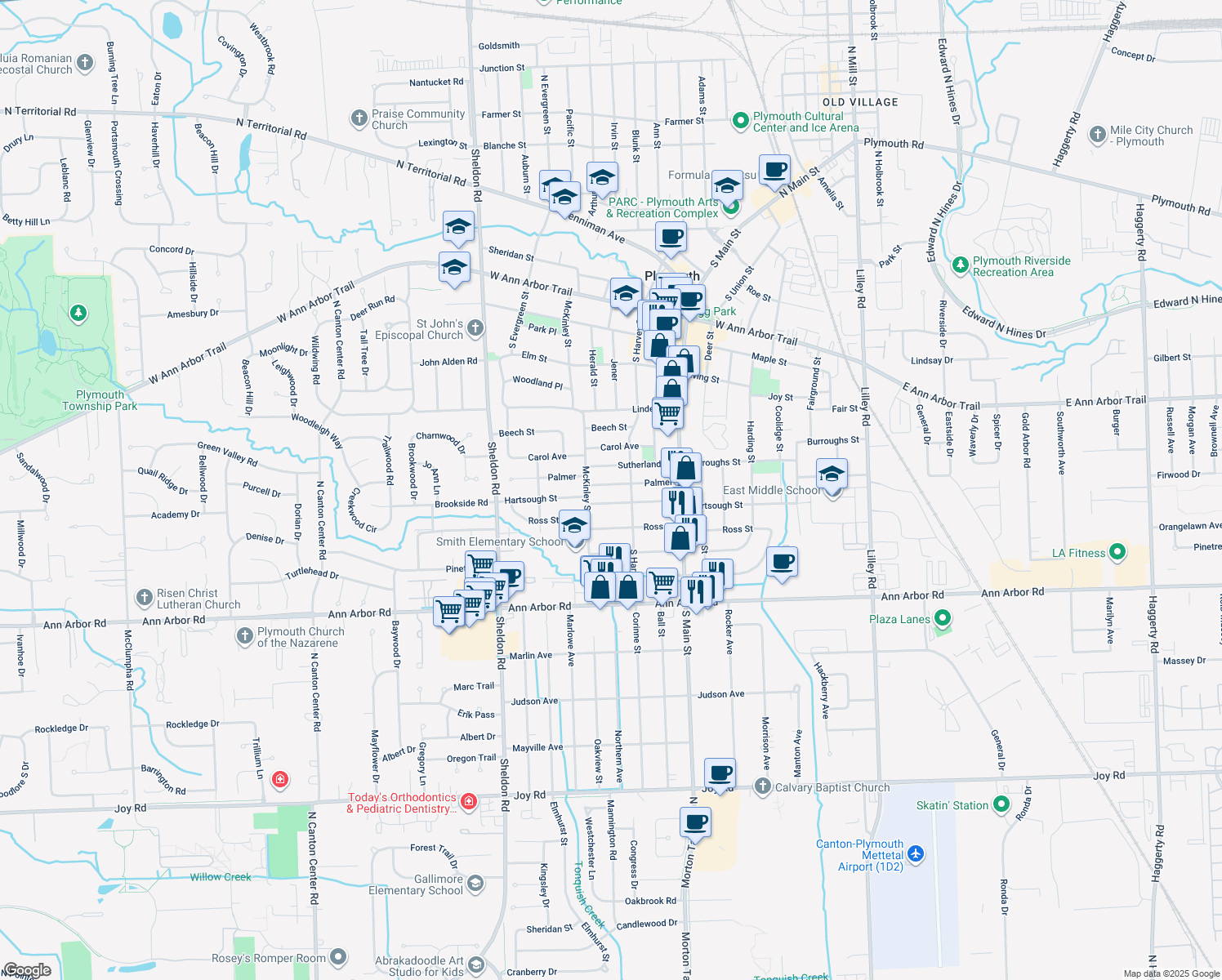 map of restaurants, bars, coffee shops, grocery stores, and more near 1095 Palmer in Plymouth