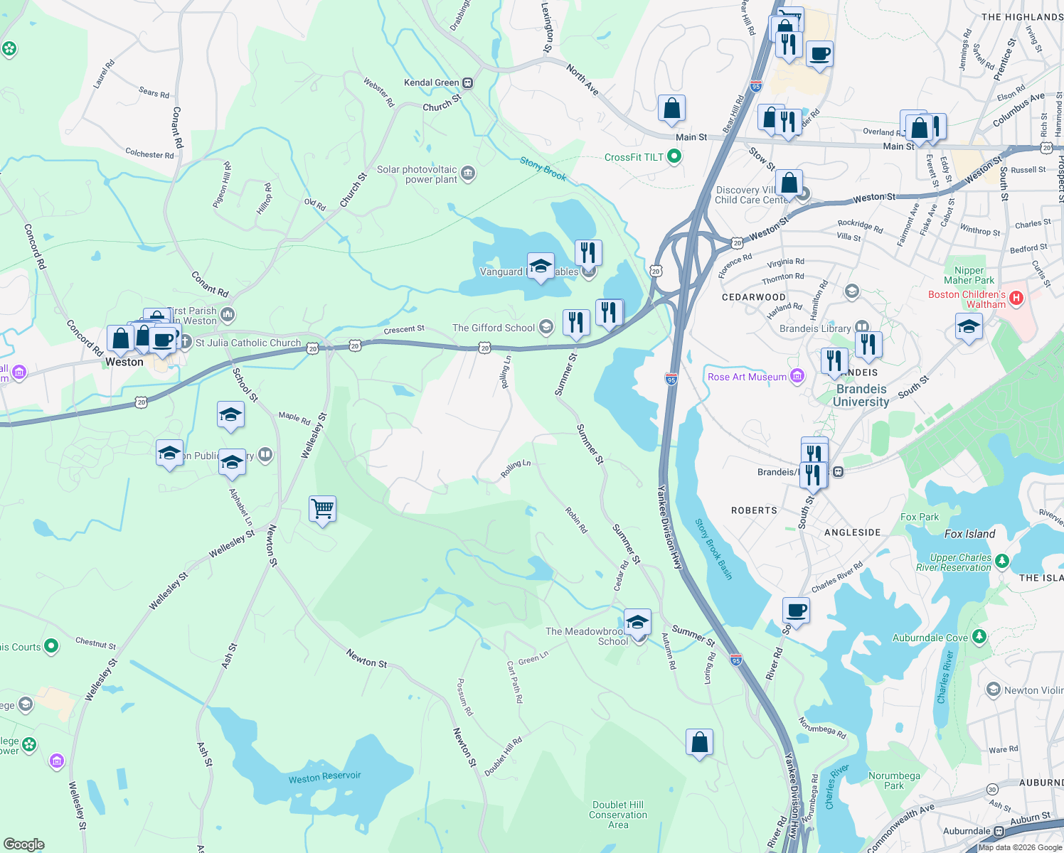 map of restaurants, bars, coffee shops, grocery stores, and more near 110 Robin Road in Weston