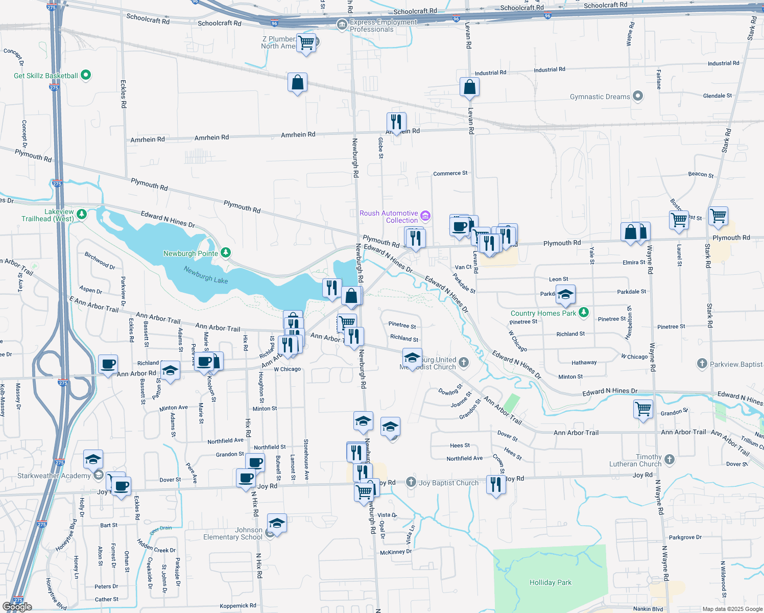map of restaurants, bars, coffee shops, grocery stores, and more near 36772 Angeline Circle in Livonia